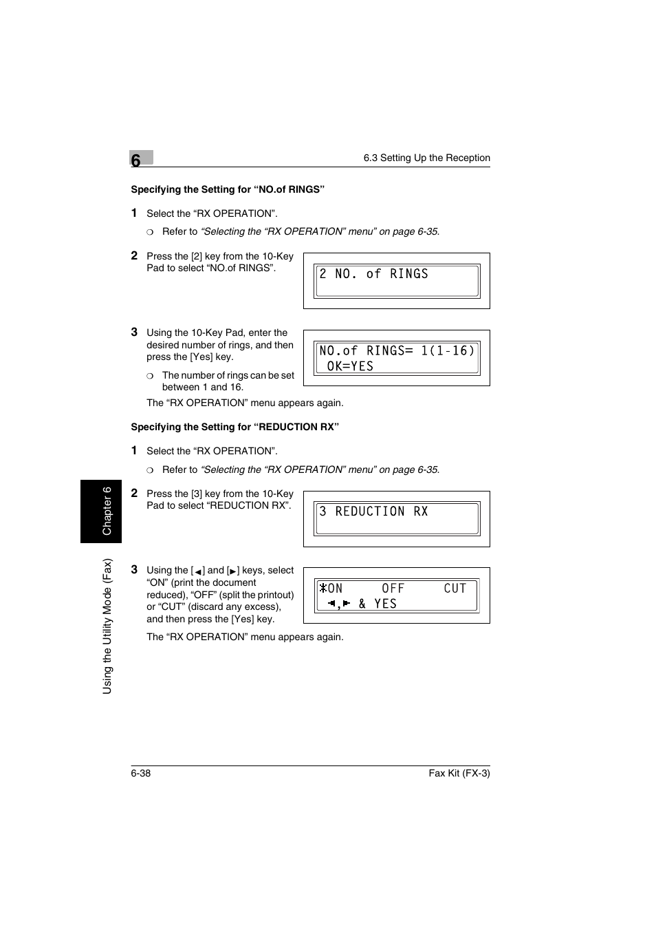 Specifying the setting for “no.of rings, Specifying the setting for “reduction rx | Konica Minolta Fax Kit (FX-3) User Manual | Page 127 / 160