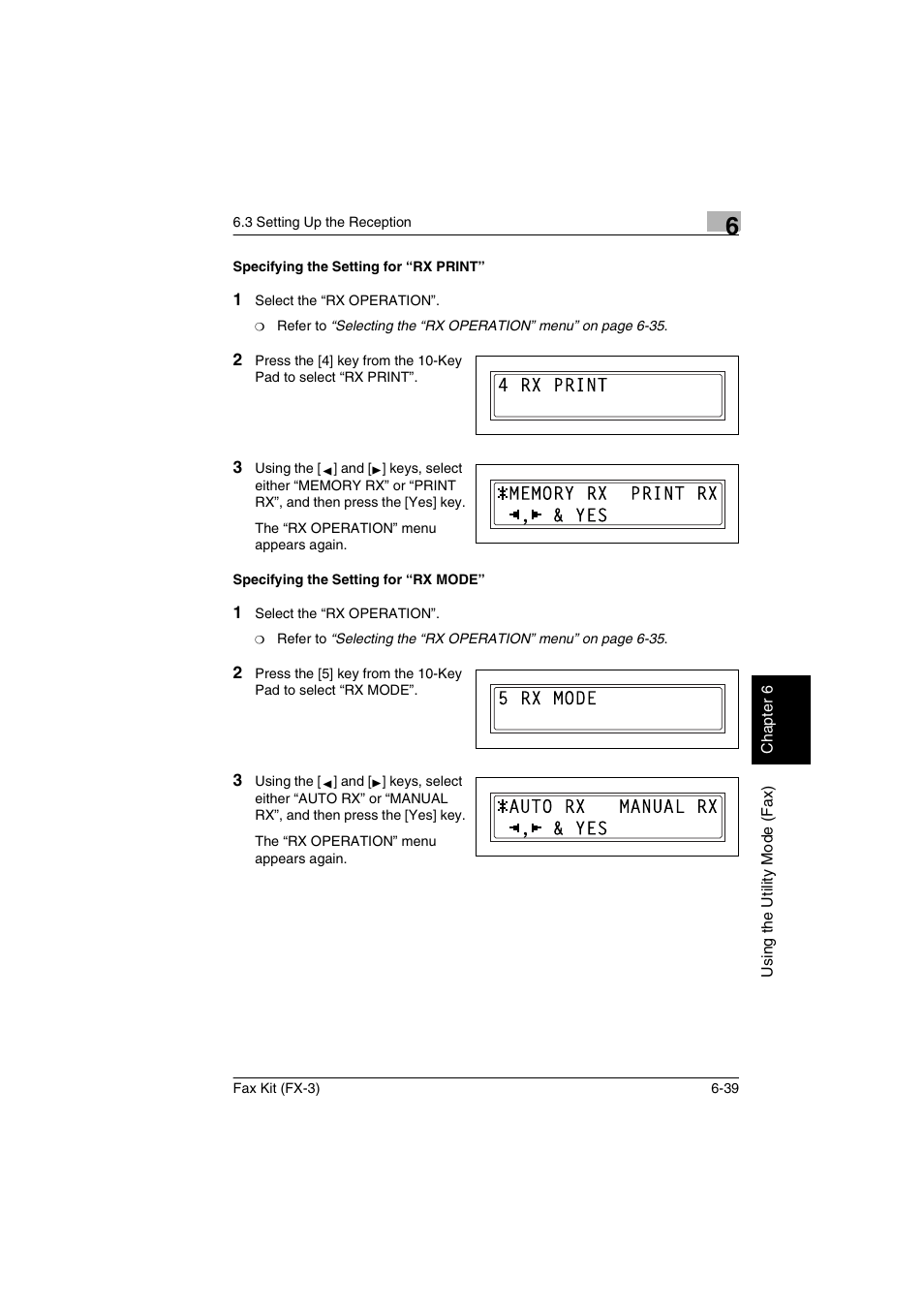 Specifying the setting for “rx print, Specifying the setting for “rx mode | Konica Minolta Fax Kit (FX-3) User Manual | Page 128 / 160