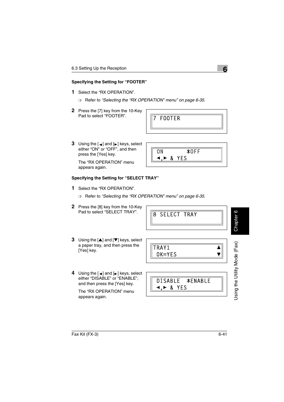 Specifying the setting for “footer, Specifying the setting for “select tray | Konica Minolta Fax Kit (FX-3) User Manual | Page 130 / 160