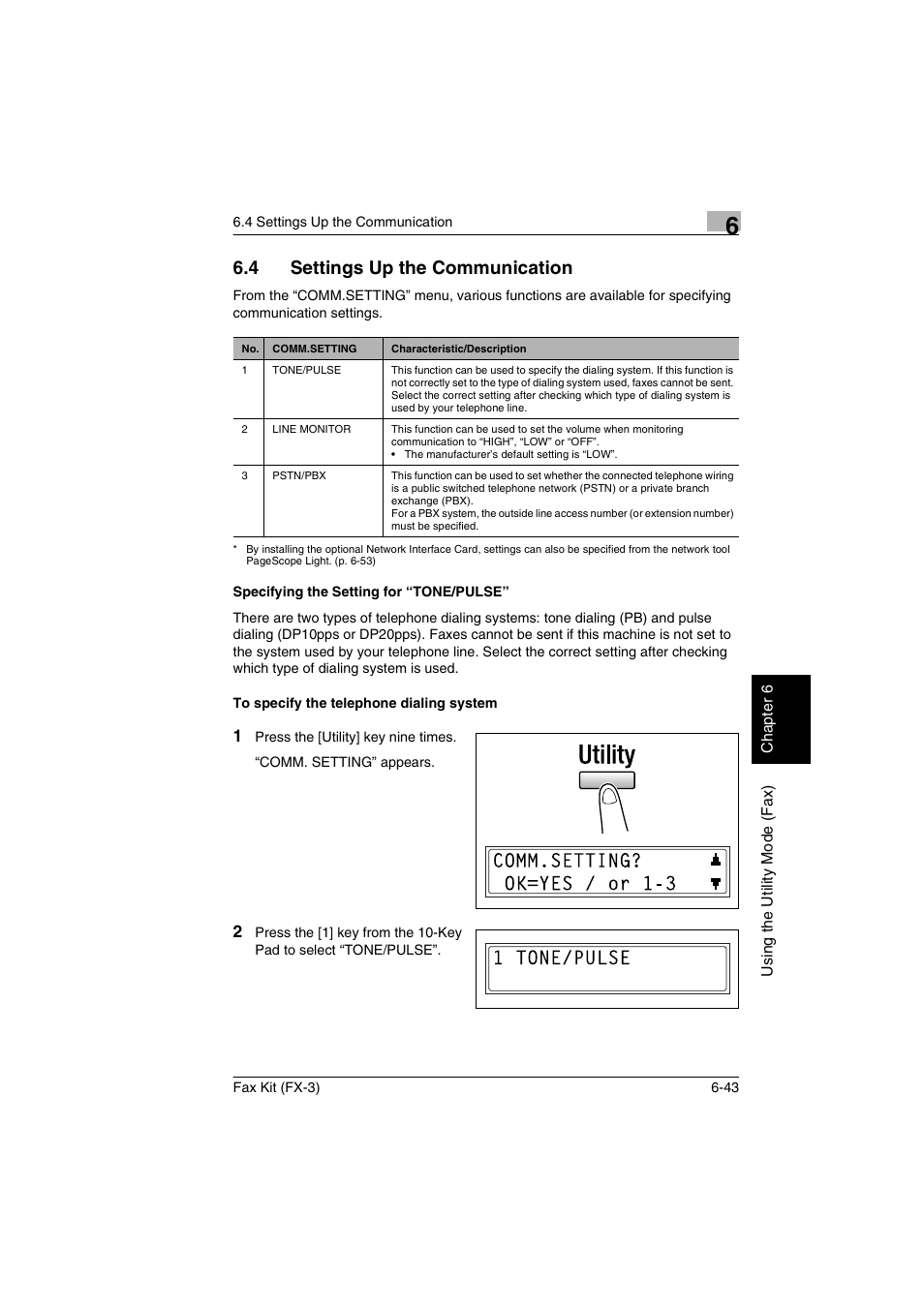 4 settings up the communication, Specifying the setting for “tone/pulse, To specify the telephone dialing system | Settings up the communication -43 | Konica Minolta Fax Kit (FX-3) User Manual | Page 132 / 160