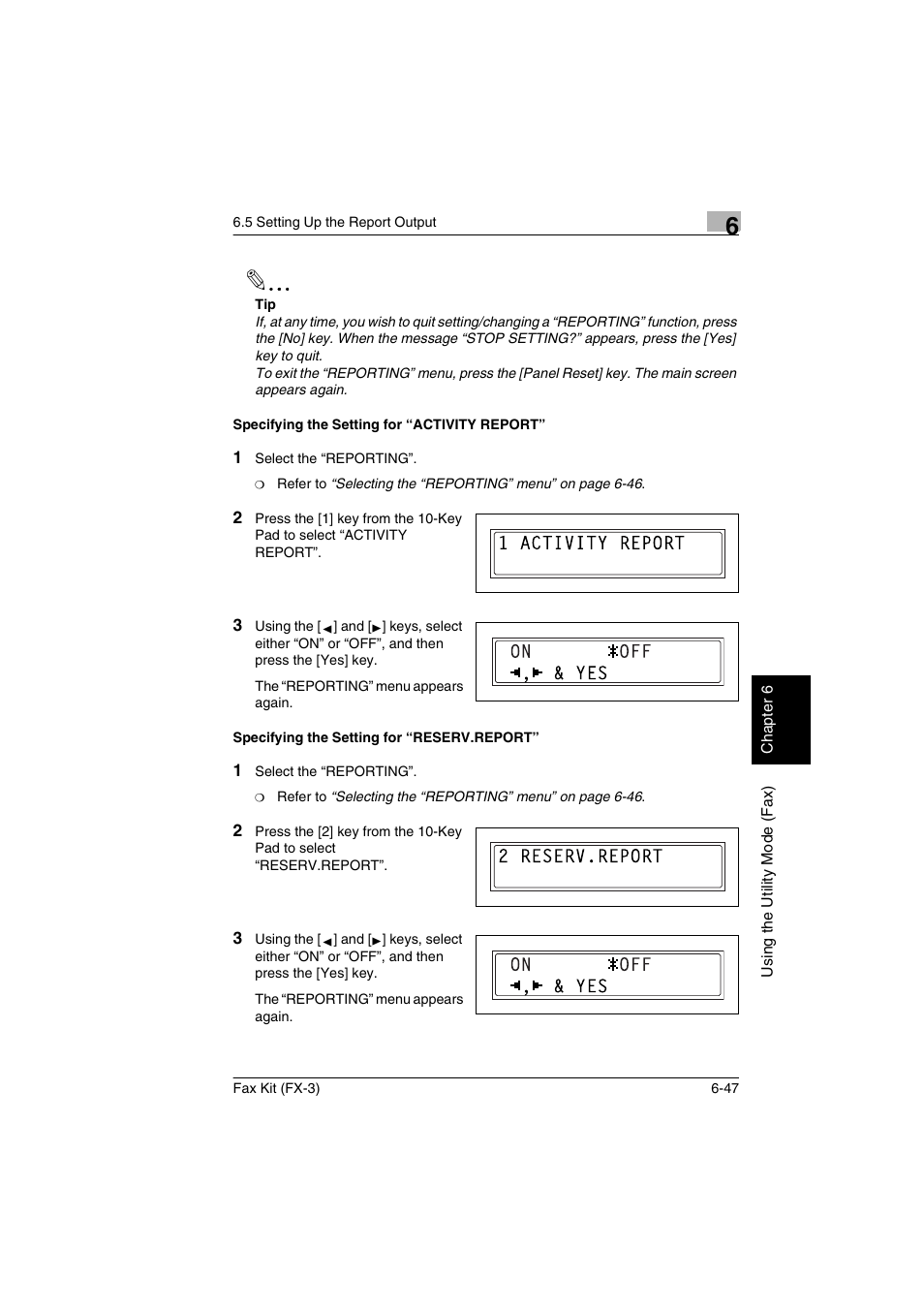 Specifying the setting for “activity report, Specifying the setting for “reserv.report | Konica Minolta Fax Kit (FX-3) User Manual | Page 136 / 160