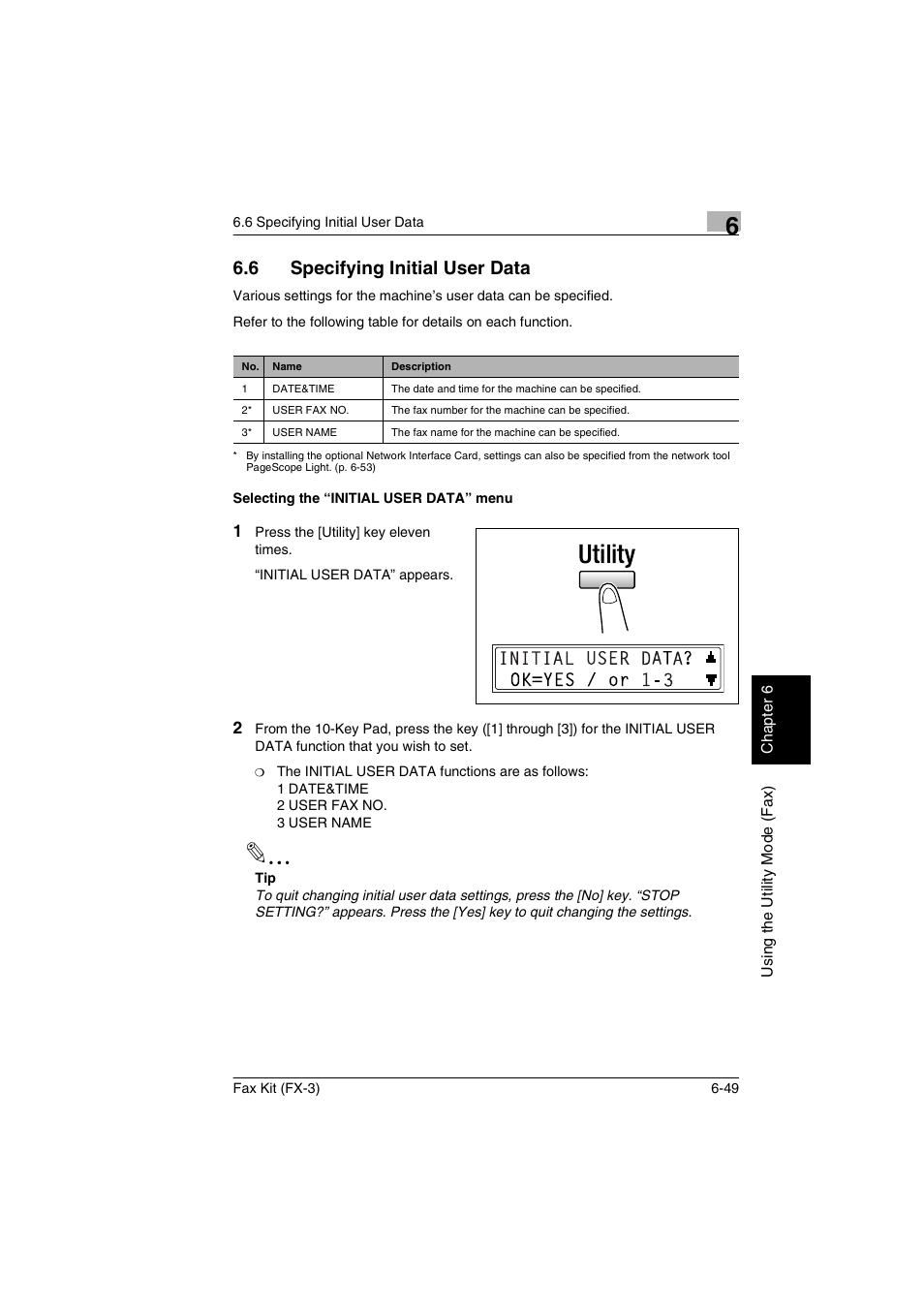 6 specifying initial user data, Selecting the “initial user data” menu, Specifying initial user data -49 | Selecting the “initial user data” menu -49 | Konica Minolta Fax Kit (FX-3) User Manual | Page 138 / 160