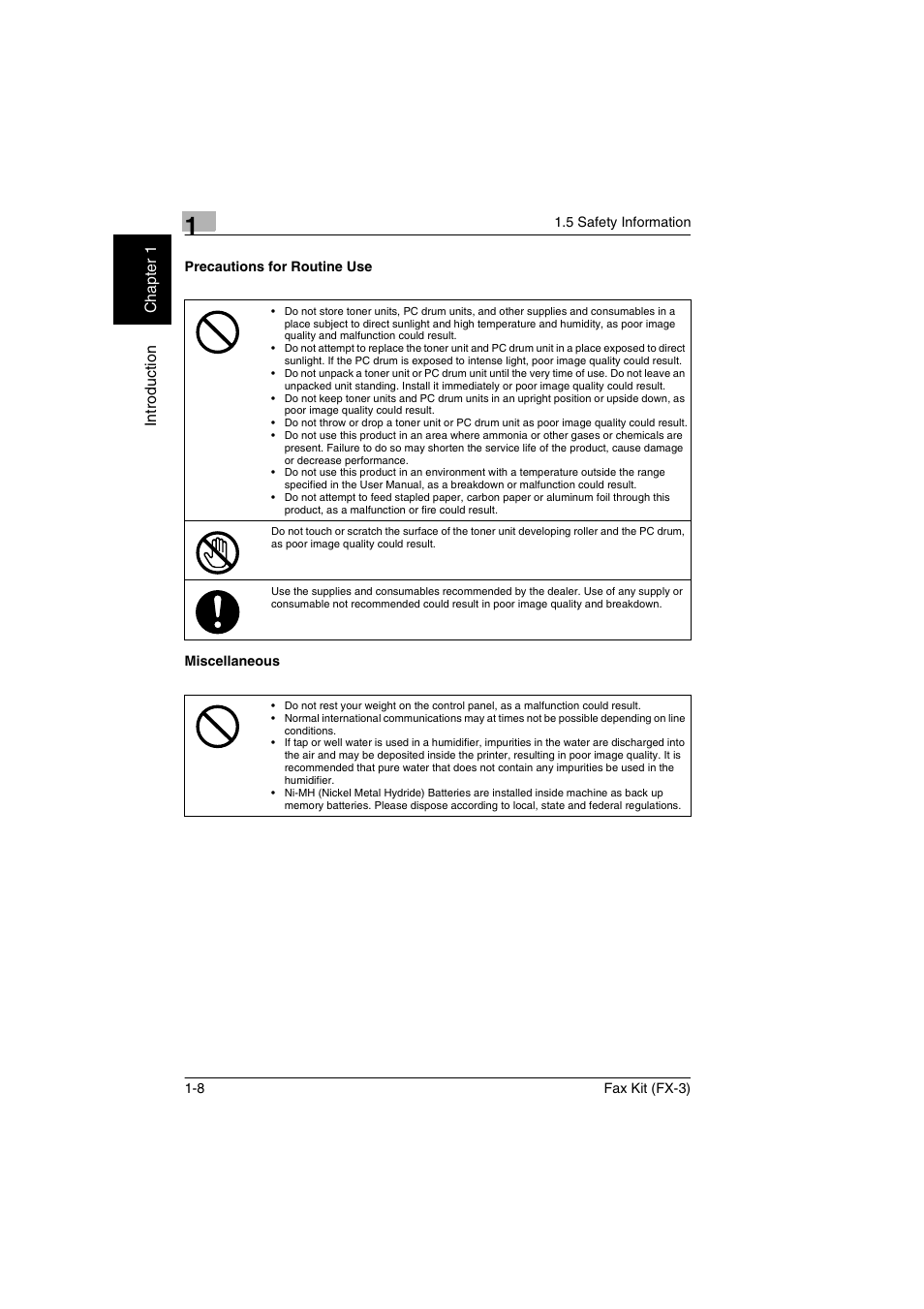 Precautions for routine use, Miscellaneous, Precautions for routine use -8 miscellaneous -8 | Konica Minolta Fax Kit (FX-3) User Manual | Page 15 / 160