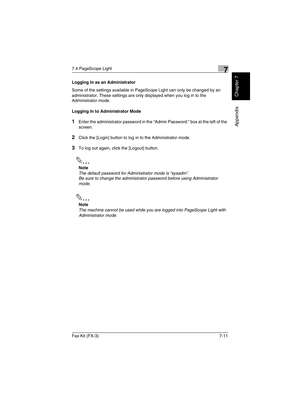 Logging in as an administrator, Logging in to administrator mode | Konica Minolta Fax Kit (FX-3) User Manual | Page 154 / 160