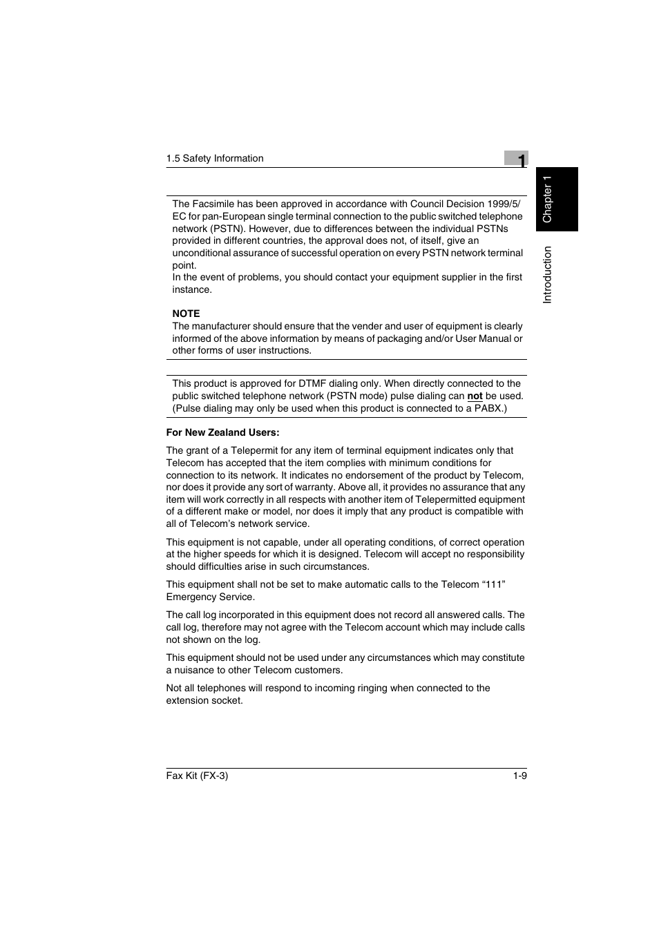 For new zealand users, For new zealand users: -9 | Konica Minolta Fax Kit (FX-3) User Manual | Page 16 / 160