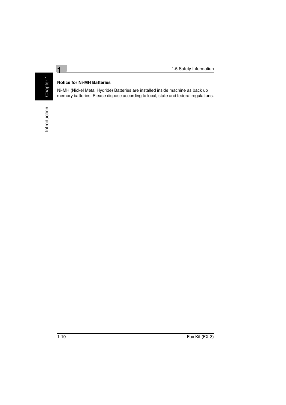 Notice for ni-mh batteries, Notice for ni-mh batteries -10 | Konica Minolta Fax Kit (FX-3) User Manual | Page 17 / 160