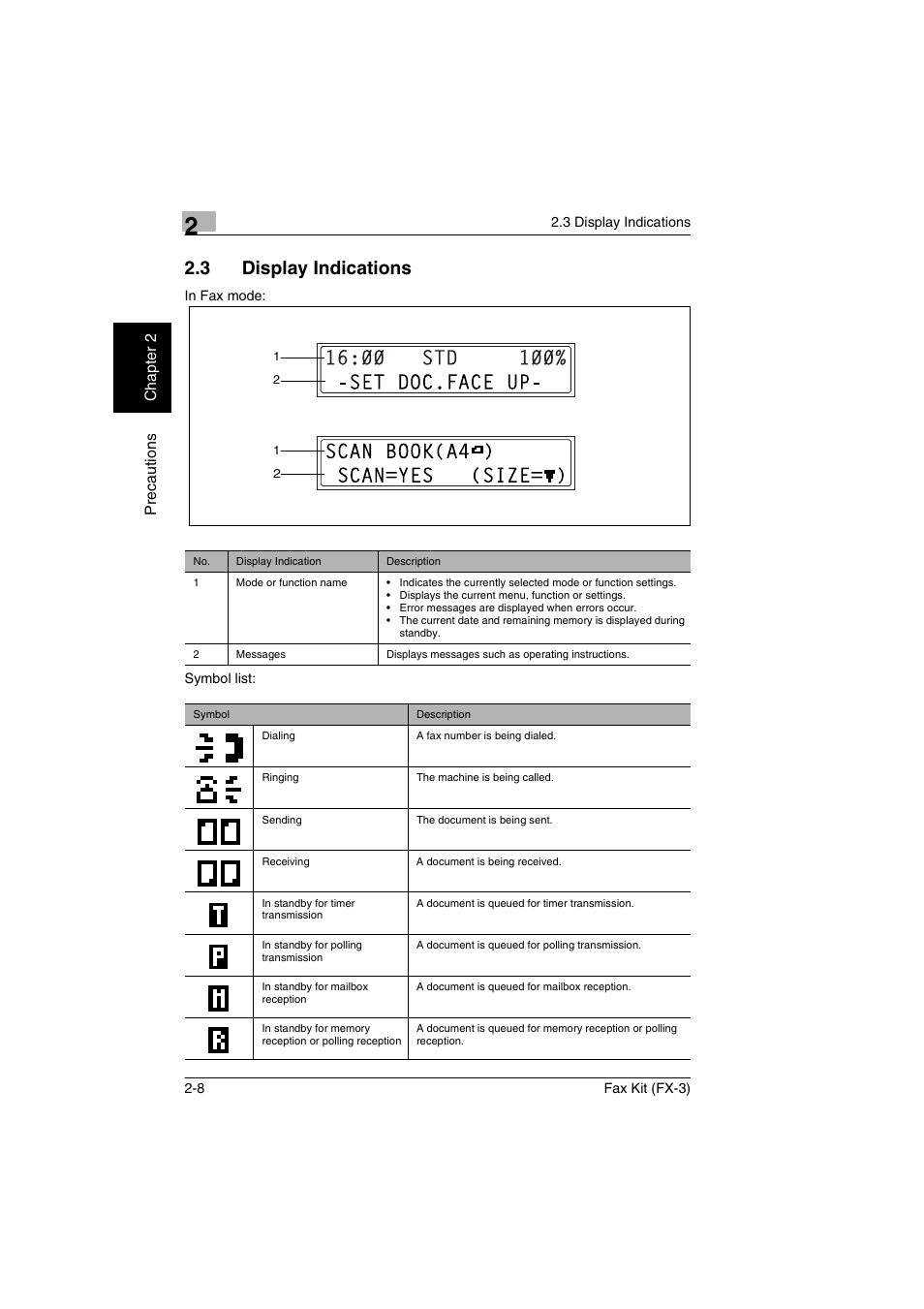 3 display indications, Display indications -8 | Konica Minolta Fax Kit (FX-3) User Manual | Page 25 / 160