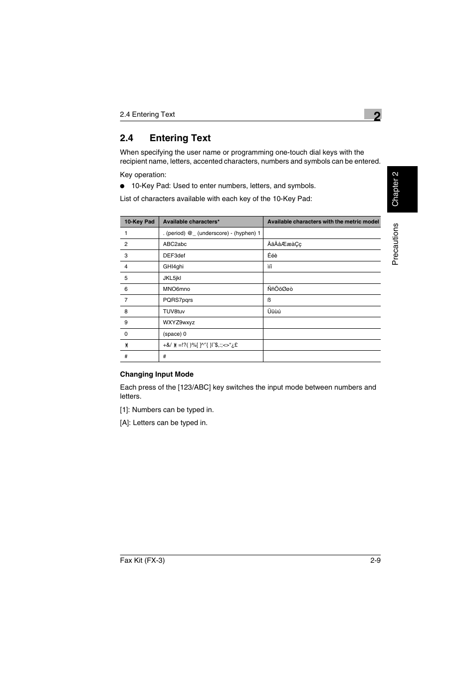 4 entering text, Changing input mode, Entering text -9 | Changing input mode -9 | Konica Minolta Fax Kit (FX-3) User Manual | Page 26 / 160