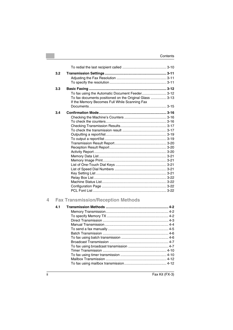 4fax transmission/reception methods | Konica Minolta Fax Kit (FX-3) User Manual | Page 3 / 160