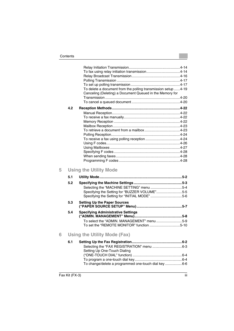 5using the utility mode, 6using the utility mode (fax) | Konica Minolta Fax Kit (FX-3) User Manual | Page 4 / 160