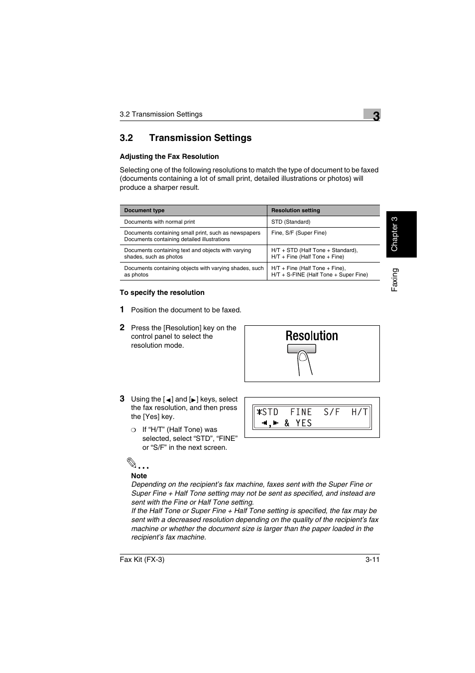 2 transmission settings, Adjusting the fax resolution, To specify the resolution | Transmission settings -11, Ng (p. 3-11), P. 3-11) | Konica Minolta Fax Kit (FX-3) User Manual | Page 40 / 160
