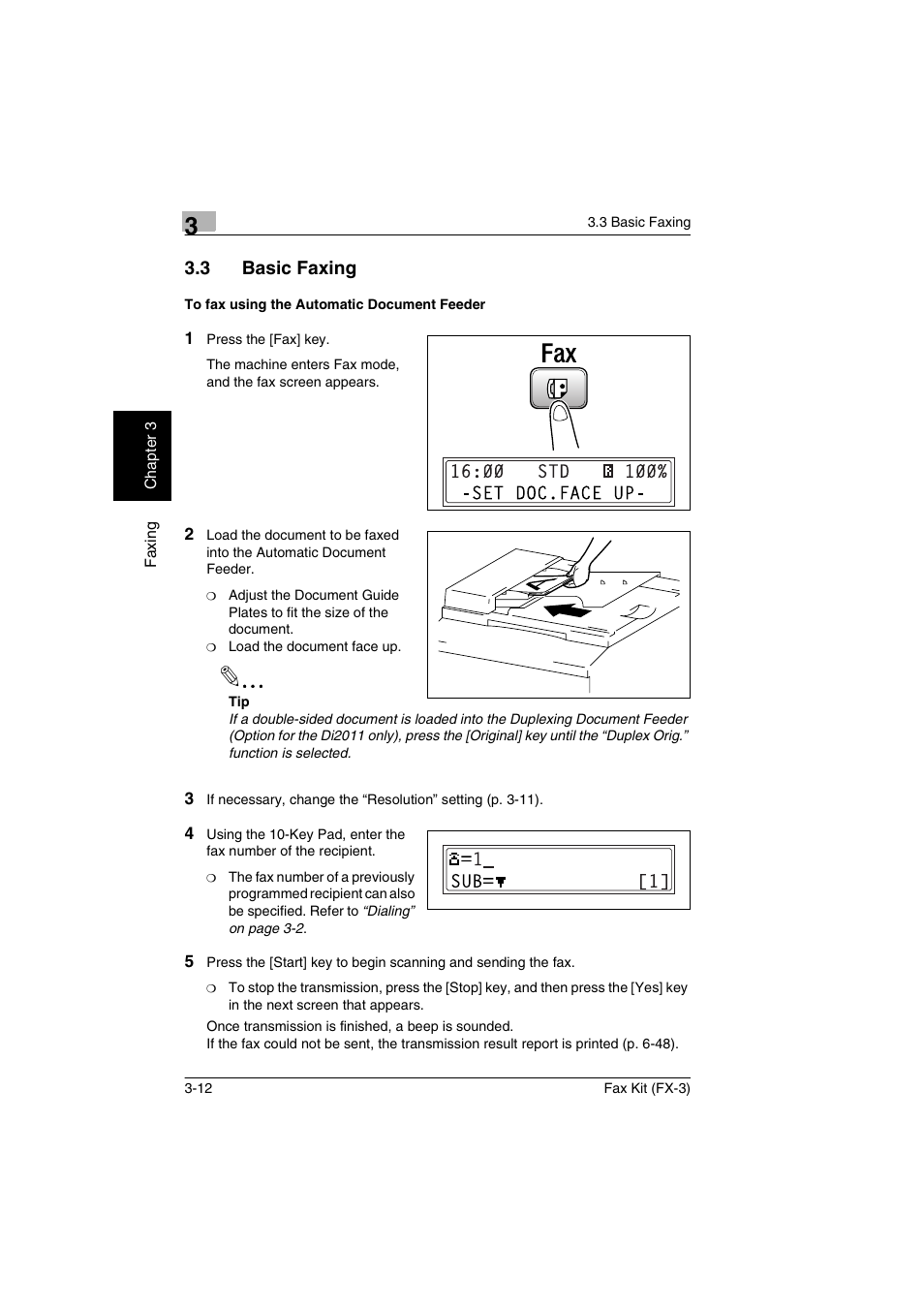 3 basic faxing, To fax using the automatic document feeder, Basic faxing -12 | To fax using the automatic document feeder -12 | Konica Minolta Fax Kit (FX-3) User Manual | Page 41 / 160