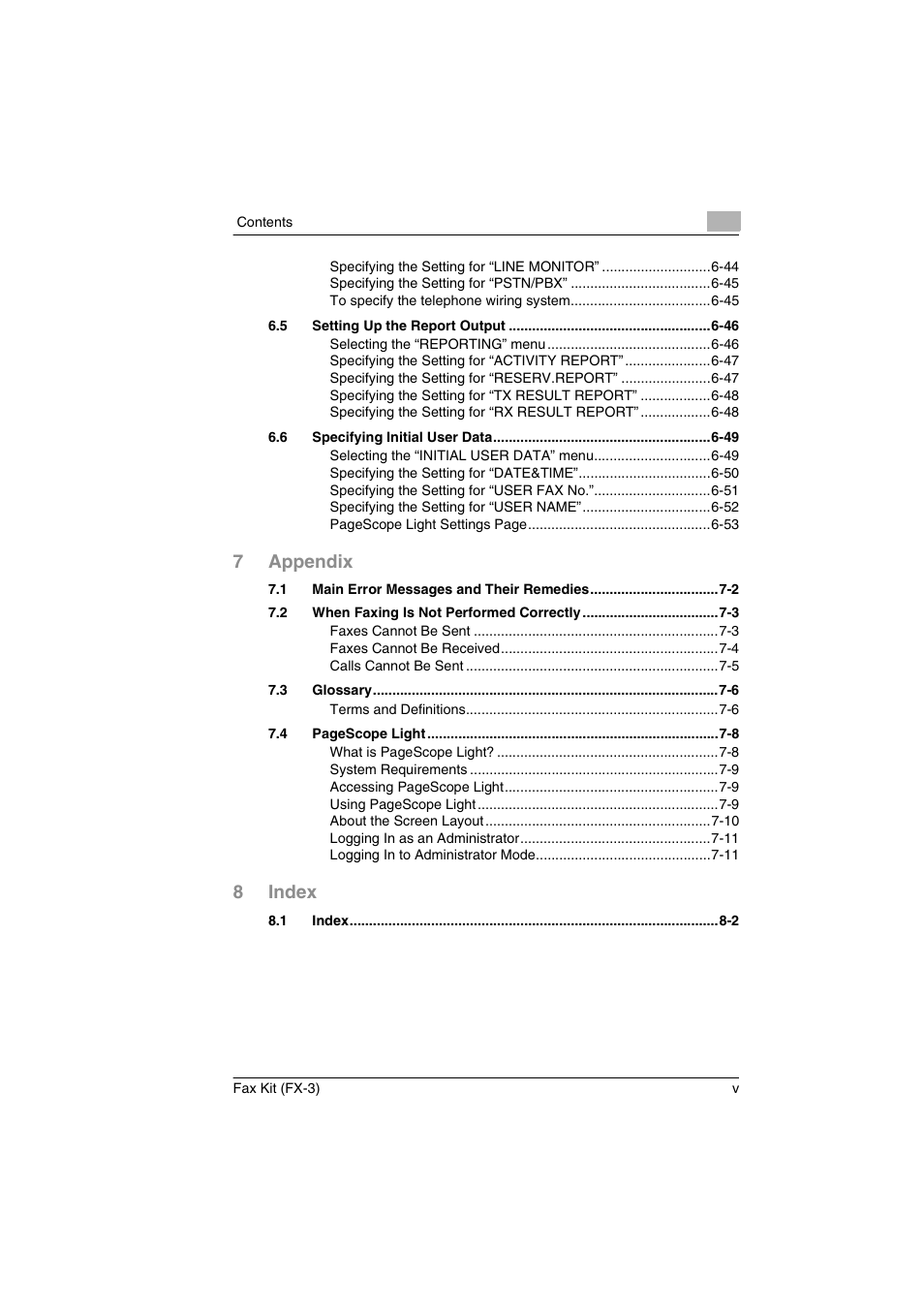 7appendix, 8index | Konica Minolta Fax Kit (FX-3) User Manual | Page 6 / 160