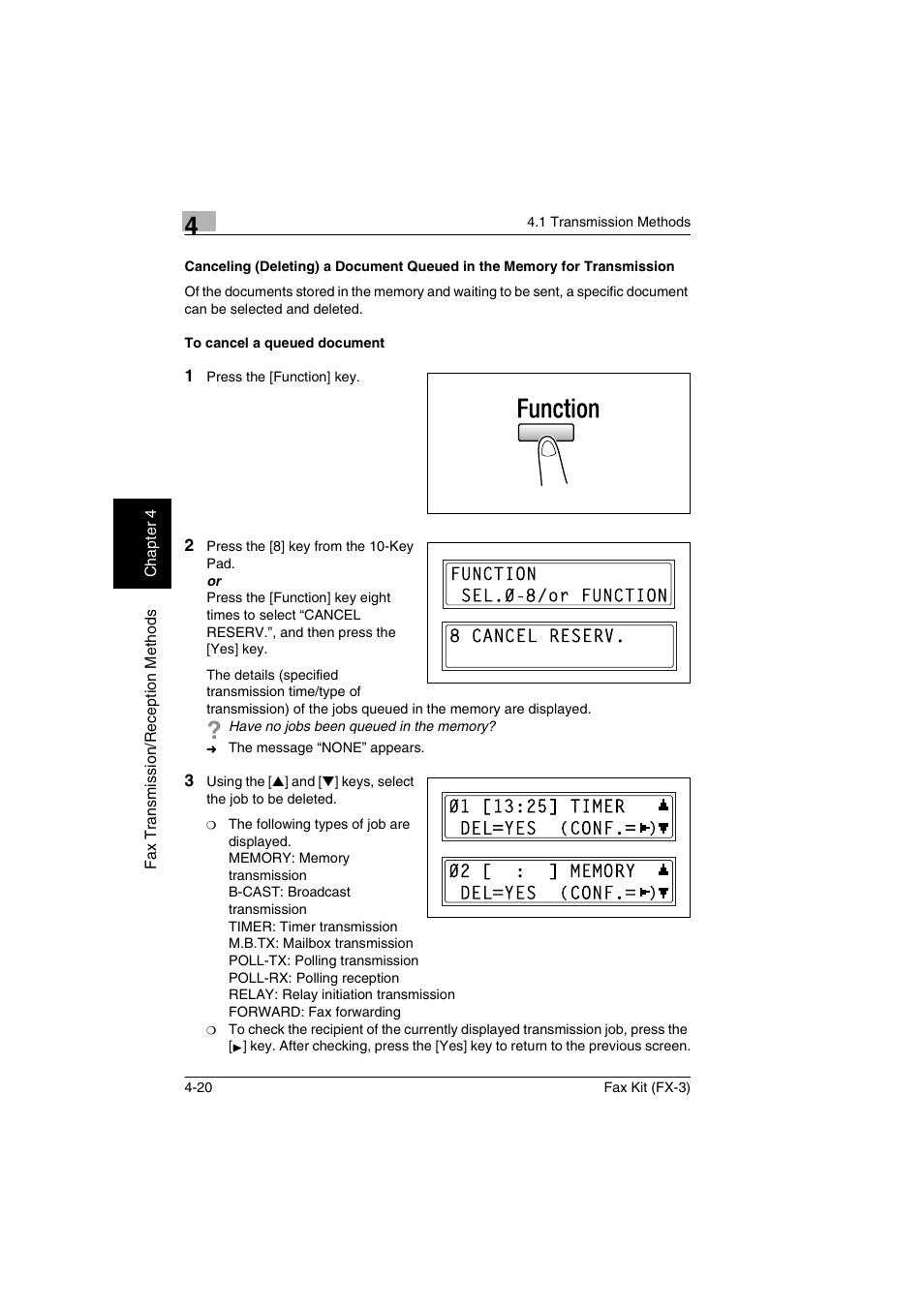 To cancel a queued document, P. 4-20 | Konica Minolta Fax Kit (FX-3) User Manual | Page 71 / 160