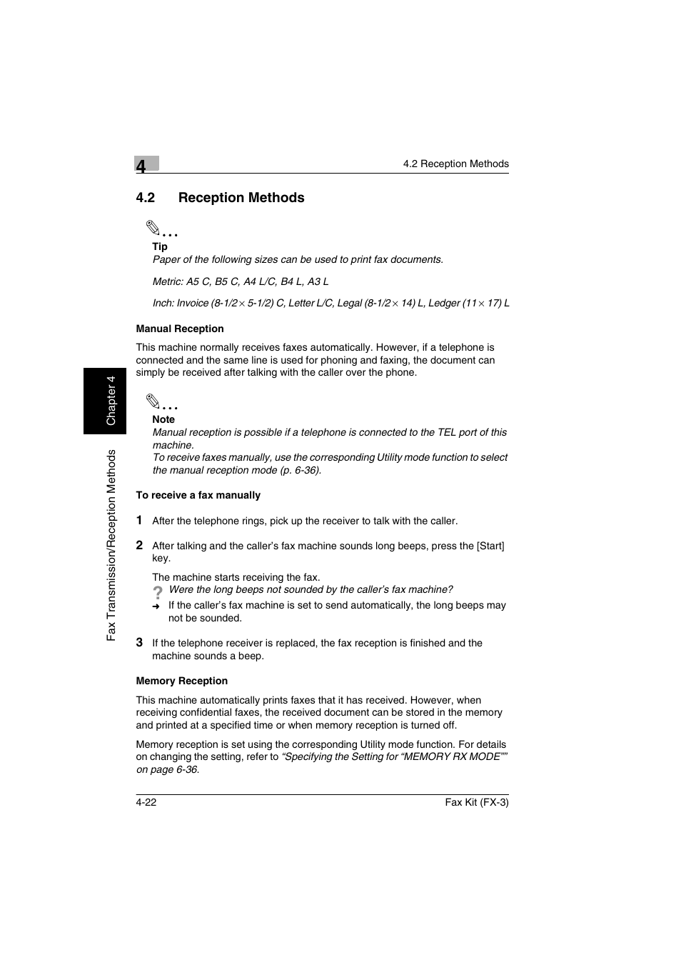 2 reception methods, Manual reception, To receive a fax manually | Memory reception, Reception methods -22 | Konica Minolta Fax Kit (FX-3) User Manual | Page 73 / 160