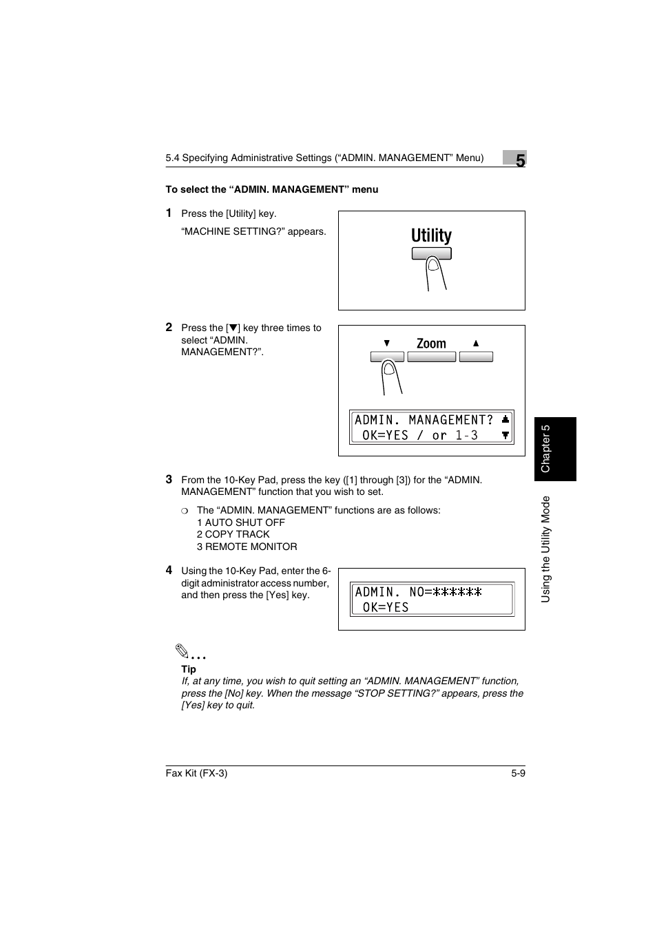 To select the “admin. management” menu, To select the “admin. management” menu -9 | Konica Minolta Fax Kit (FX-3) User Manual | Page 88 / 160