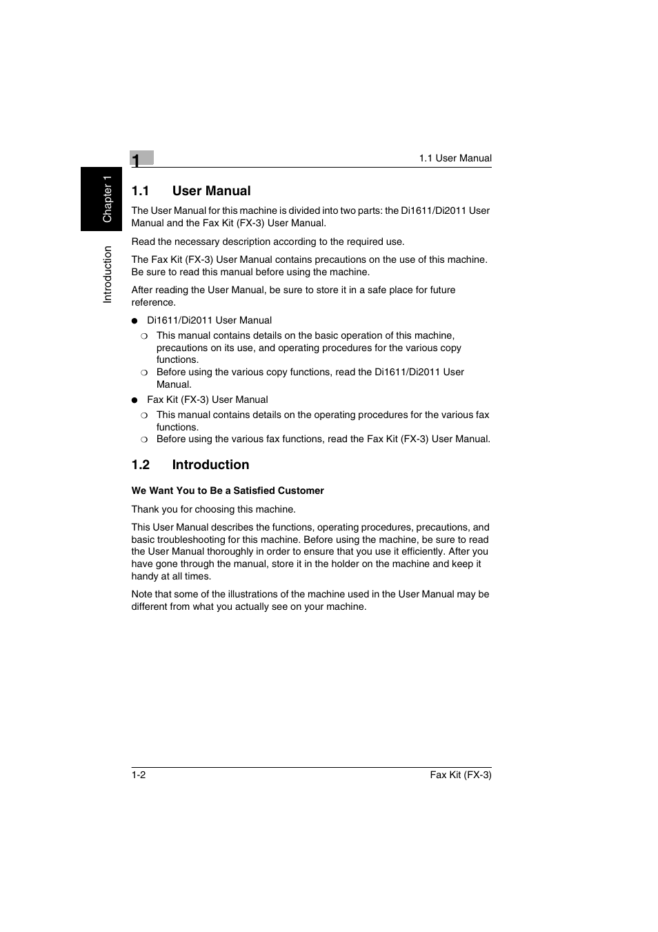 1 user manual, 2 introduction, We want you to be a satisfied customer | User manual -2, Introduction -2, We want you to be a satisfied customer -2 | Konica Minolta Fax Kit (FX-3) User Manual | Page 9 / 160