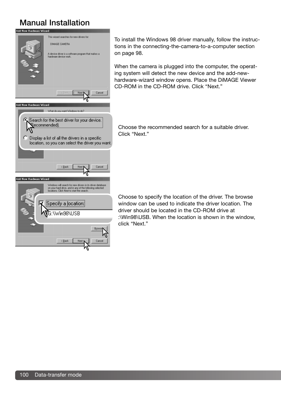 Manual installation | Konica Minolta DiMAGE Z3 User Manual | Page 100 / 124