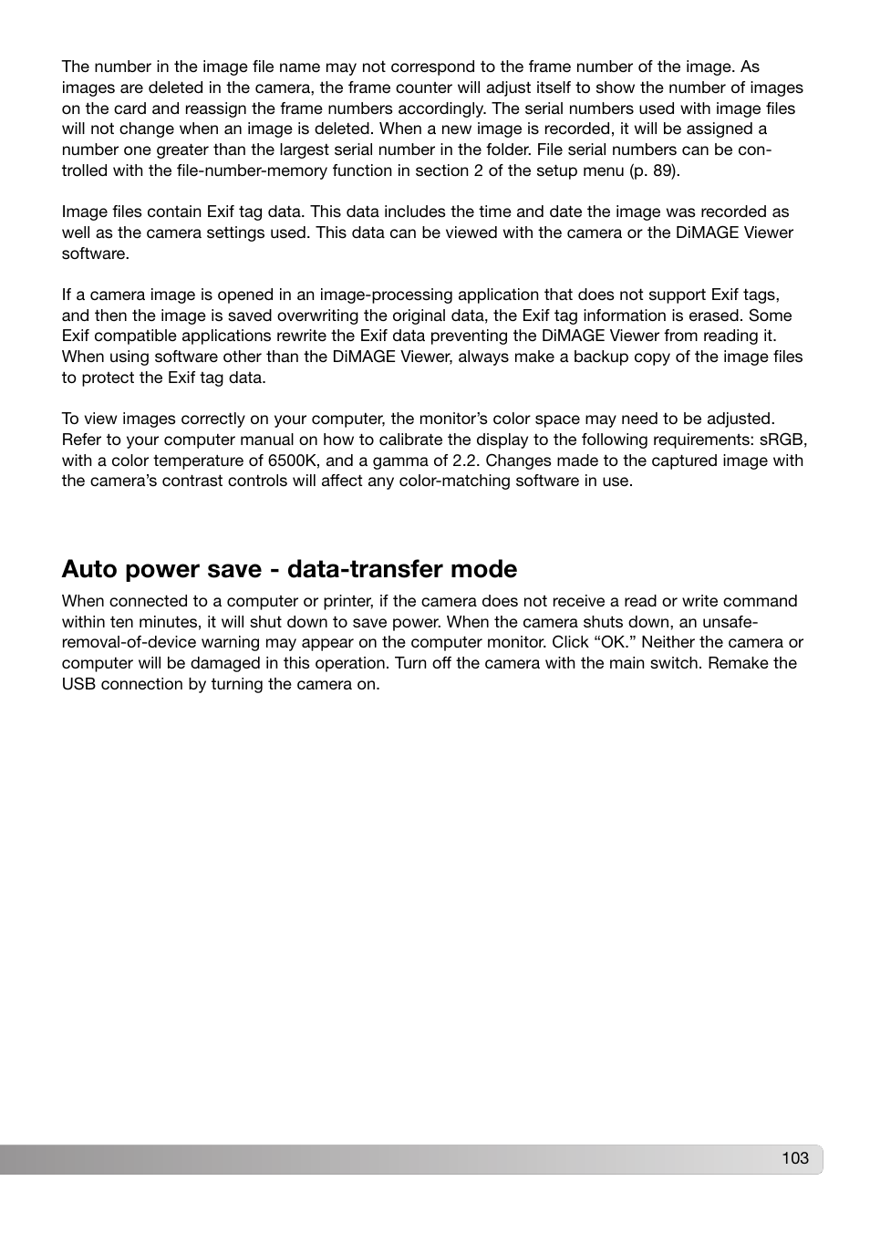 Auto power save - data-transfer mode | Konica Minolta DiMAGE Z3 User Manual | Page 103 / 124