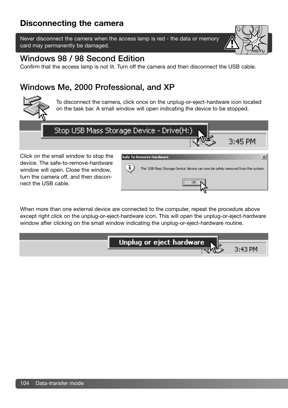 Disconnecting the camera, Windows 98 / 98 second edition | Konica Minolta DiMAGE Z3 User Manual | Page 104 / 124