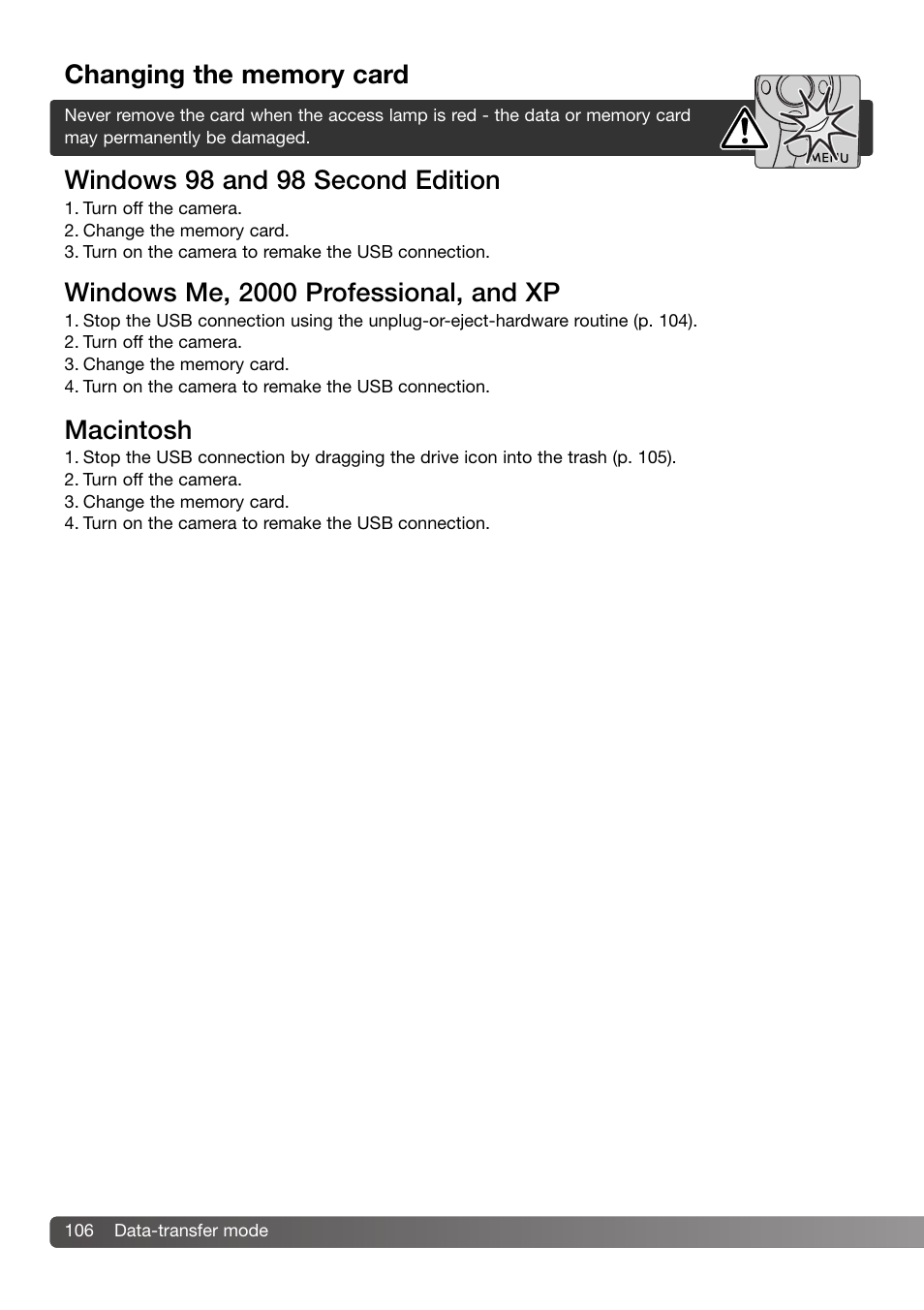 Changing the memory card, Windows me, 2000 professional, and xp macintosh | Konica Minolta DiMAGE Z3 User Manual | Page 106 / 124