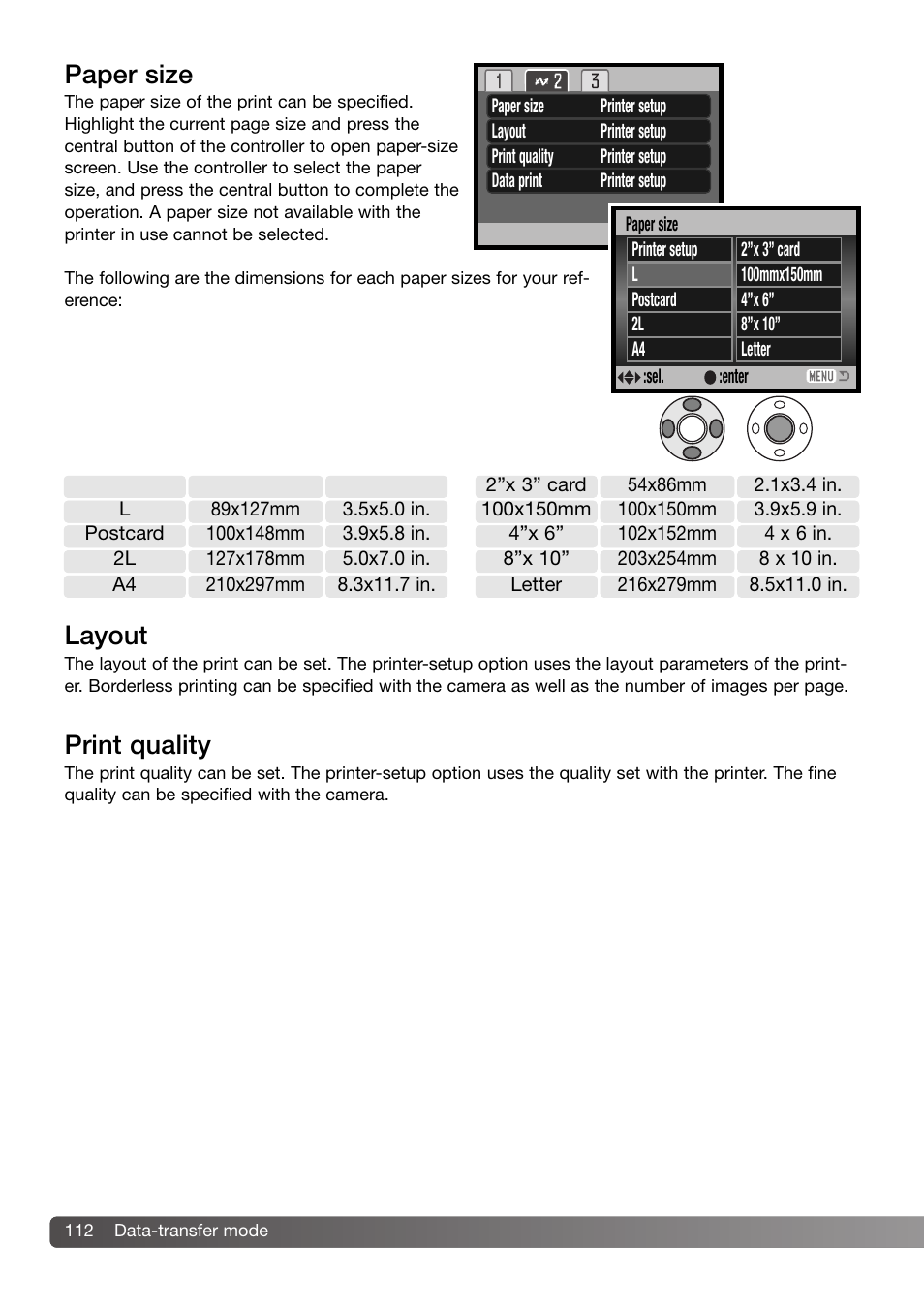 Paper size print quality, Layout | Konica Minolta DiMAGE Z3 User Manual | Page 112 / 124