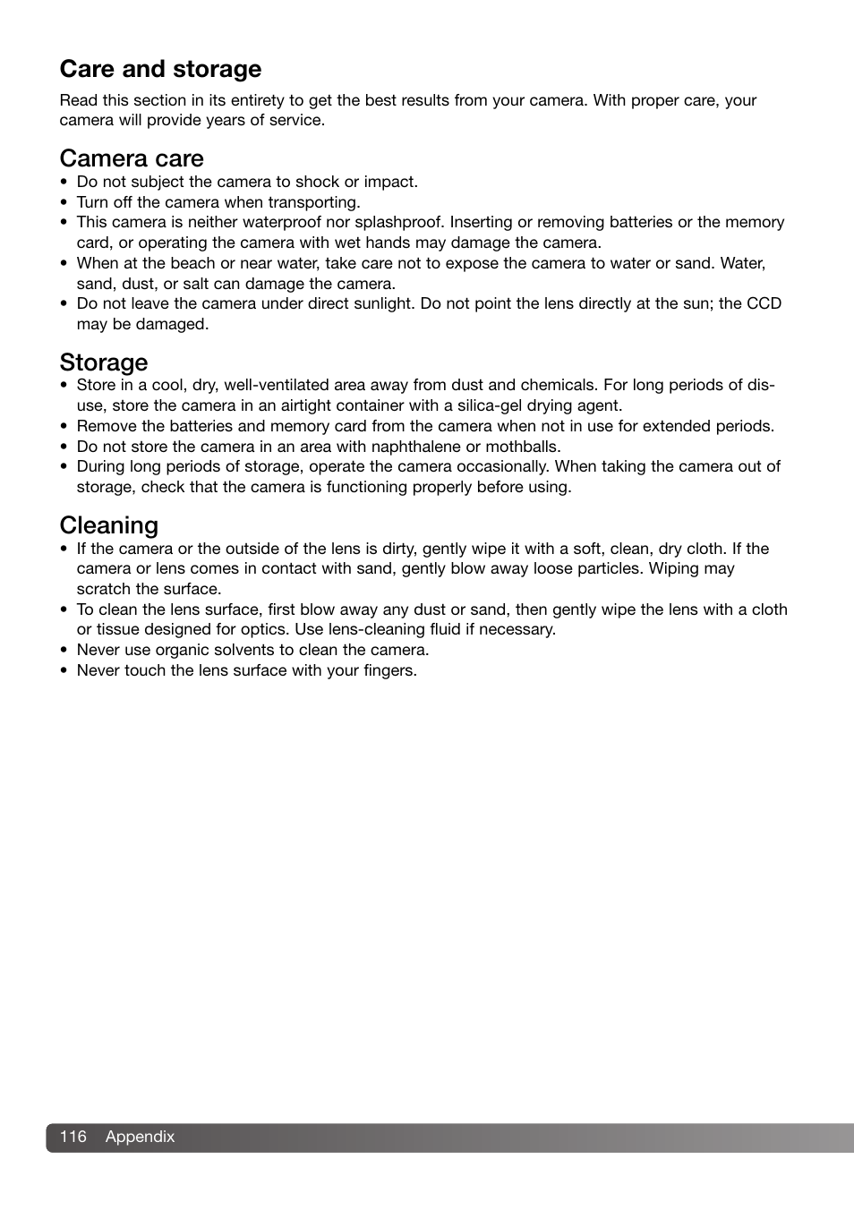 Care and storage, Camera care storage cleaning, Camera care | Storage, Cleaning | Konica Minolta DiMAGE Z3 User Manual | Page 116 / 124