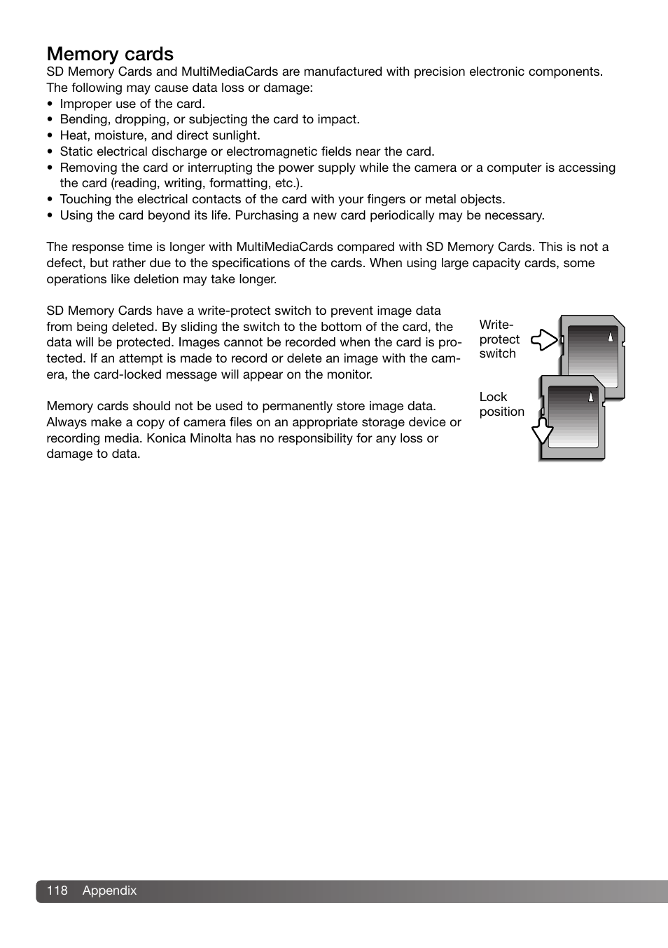 Memory cards | Konica Minolta DiMAGE Z3 User Manual | Page 118 / 124