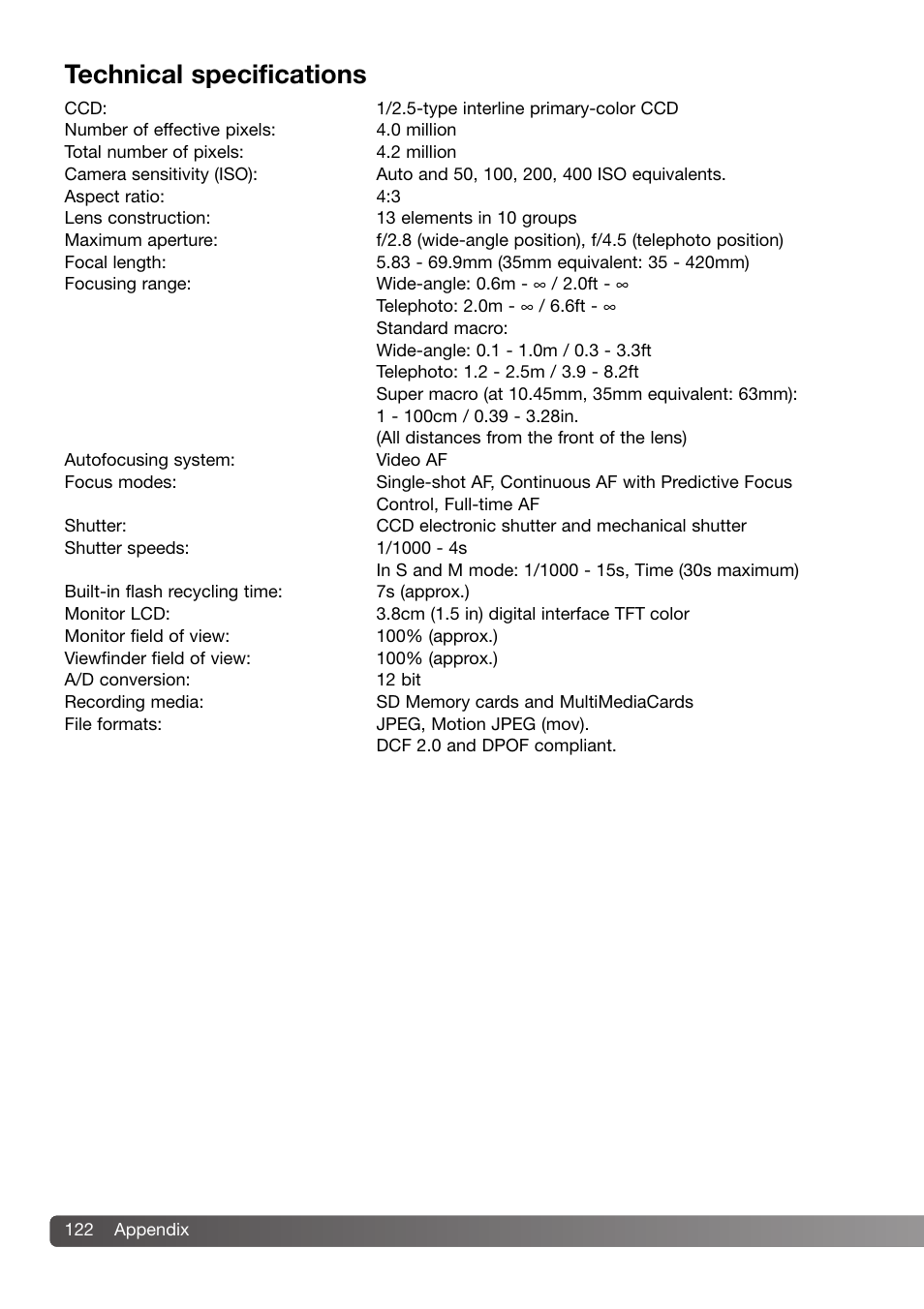 Technical specifications | Konica Minolta DiMAGE Z3 User Manual | Page 122 / 124