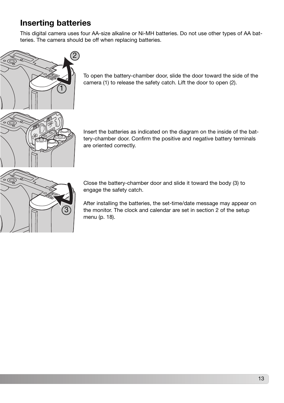 Inserting batteries | Konica Minolta DiMAGE Z3 User Manual | Page 13 / 124