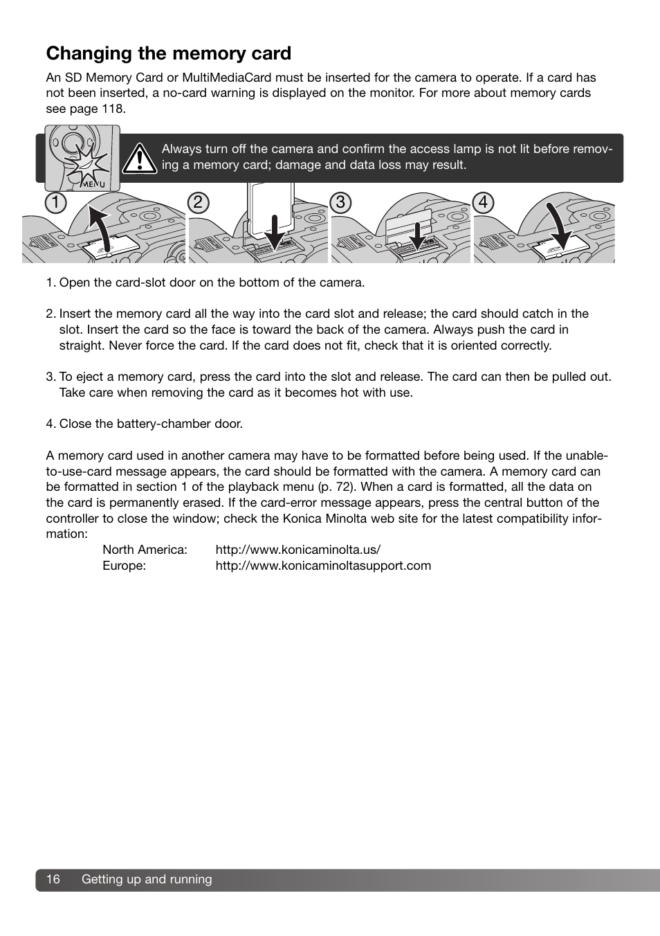 Changing the memory card | Konica Minolta DiMAGE Z3 User Manual | Page 16 / 124