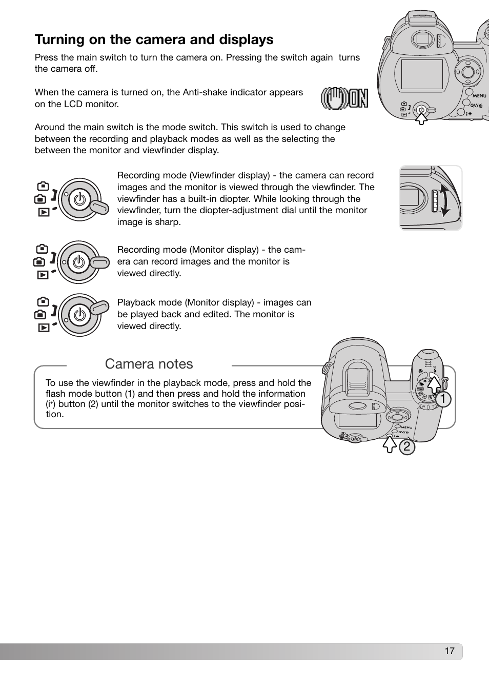 Turning on the camera and displays | Konica Minolta DiMAGE Z3 User Manual | Page 17 / 124