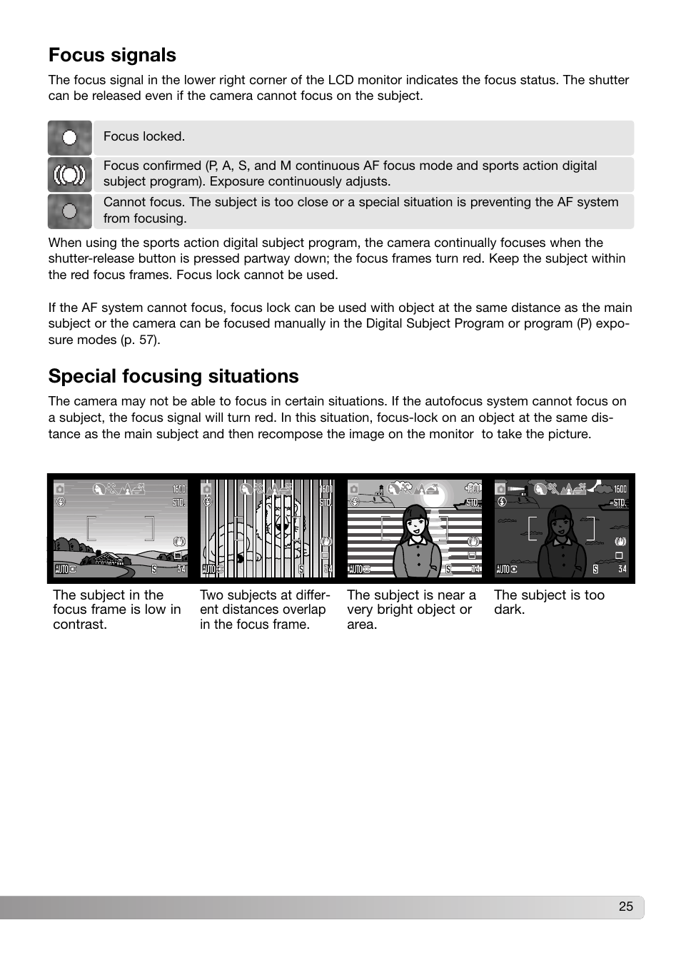 Focus signals special focusing situations | Konica Minolta DiMAGE Z3 User Manual | Page 25 / 124