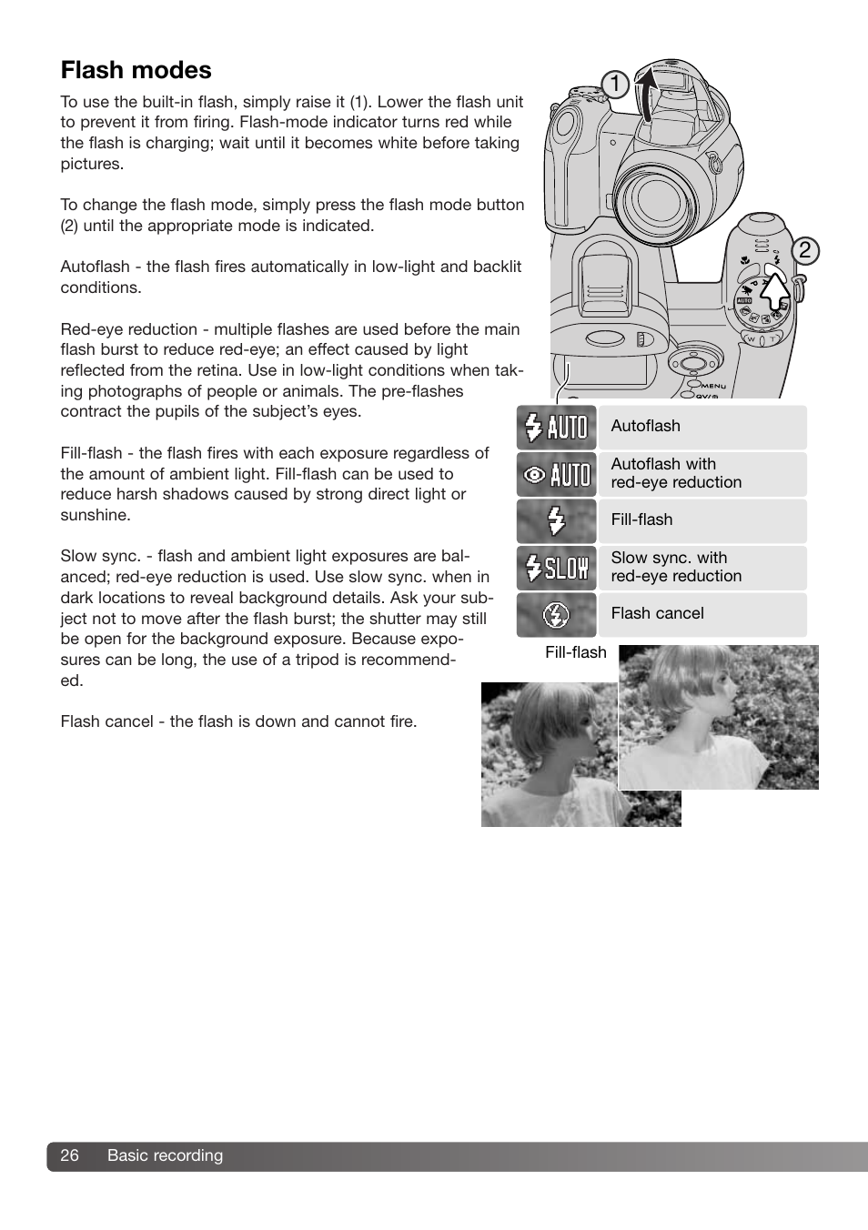 Flash modes | Konica Minolta DiMAGE Z3 User Manual | Page 26 / 124