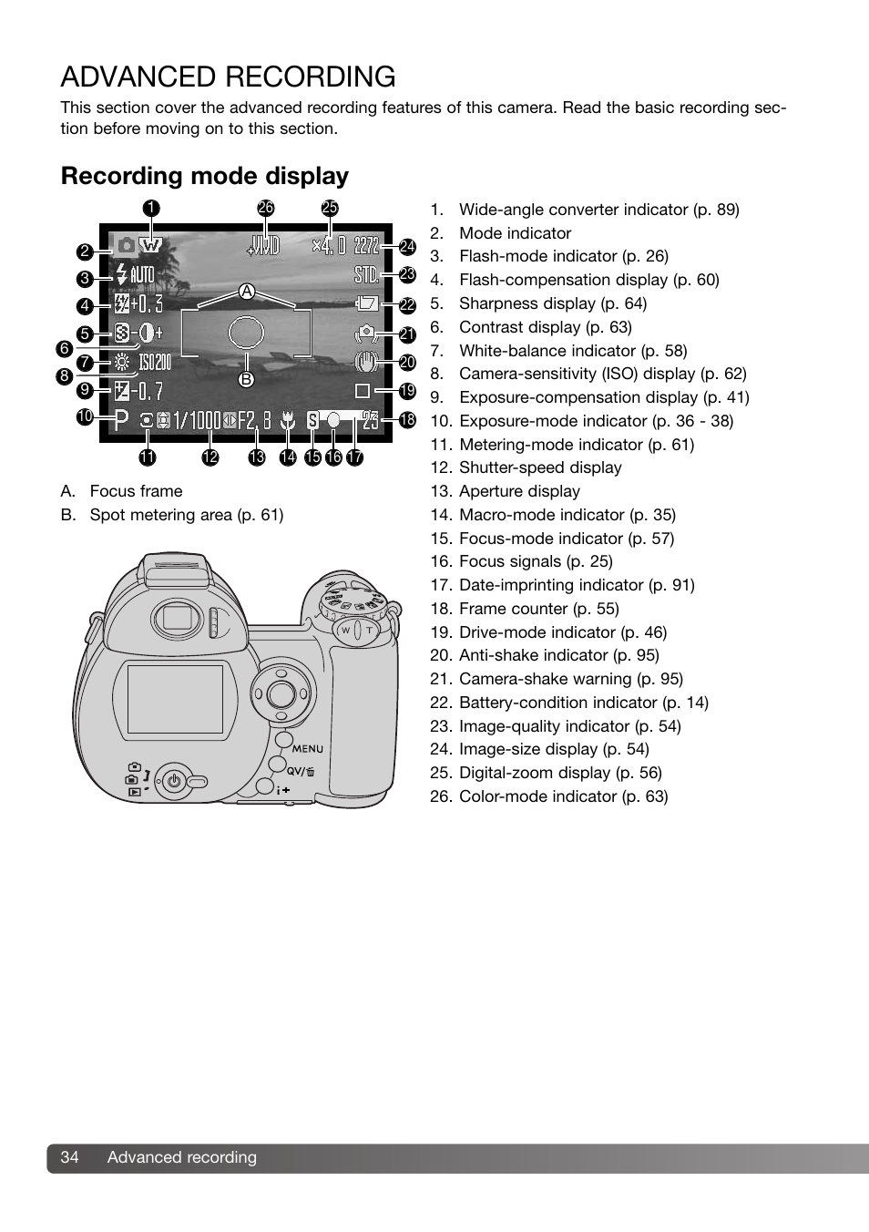 Advanced recording, Recording mode display | Konica Minolta DiMAGE Z3 User Manual | Page 34 / 124