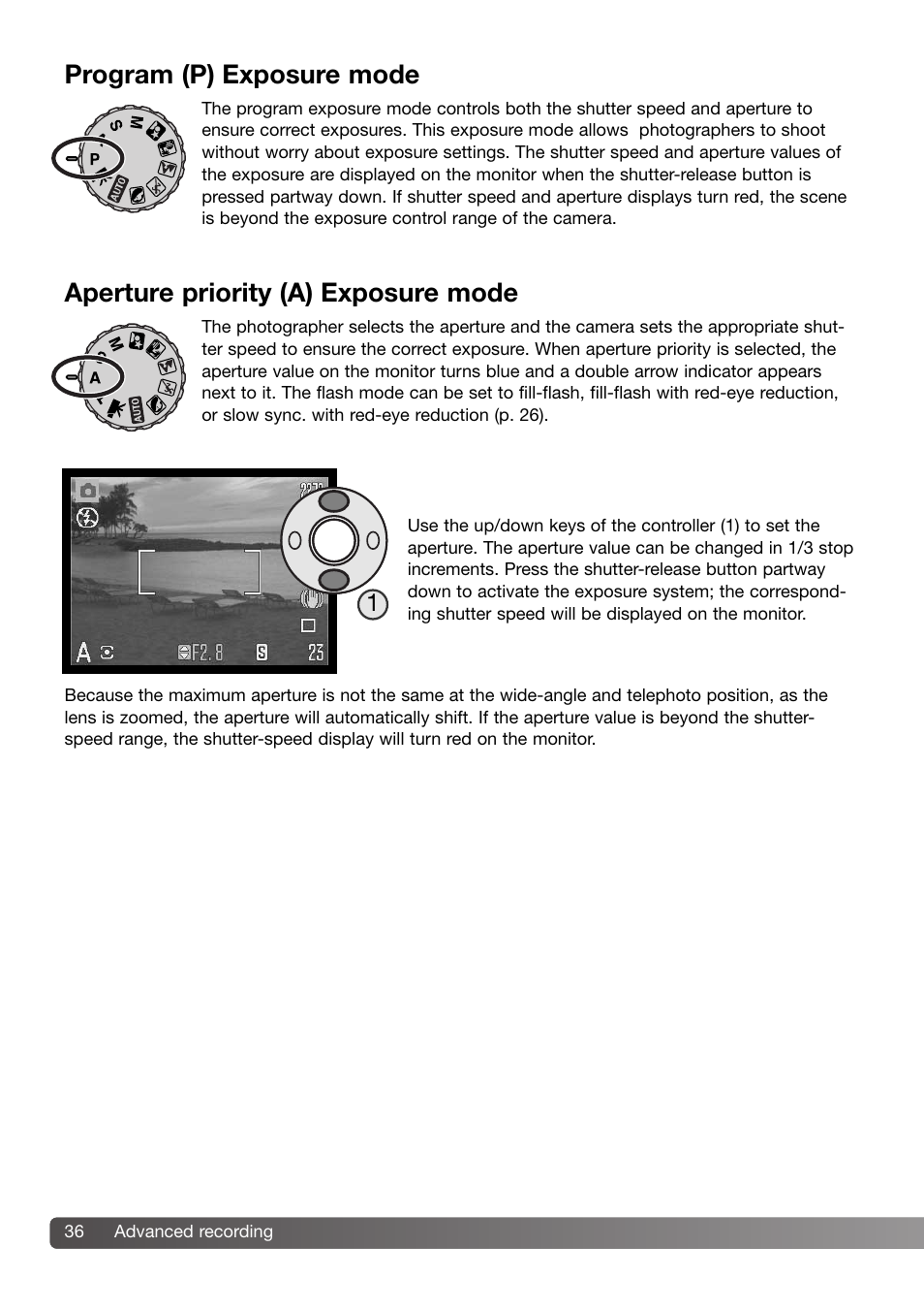 Program (p) exposure mode, Aperture priority (a) exposure mode | Konica Minolta DiMAGE Z3 User Manual | Page 36 / 124