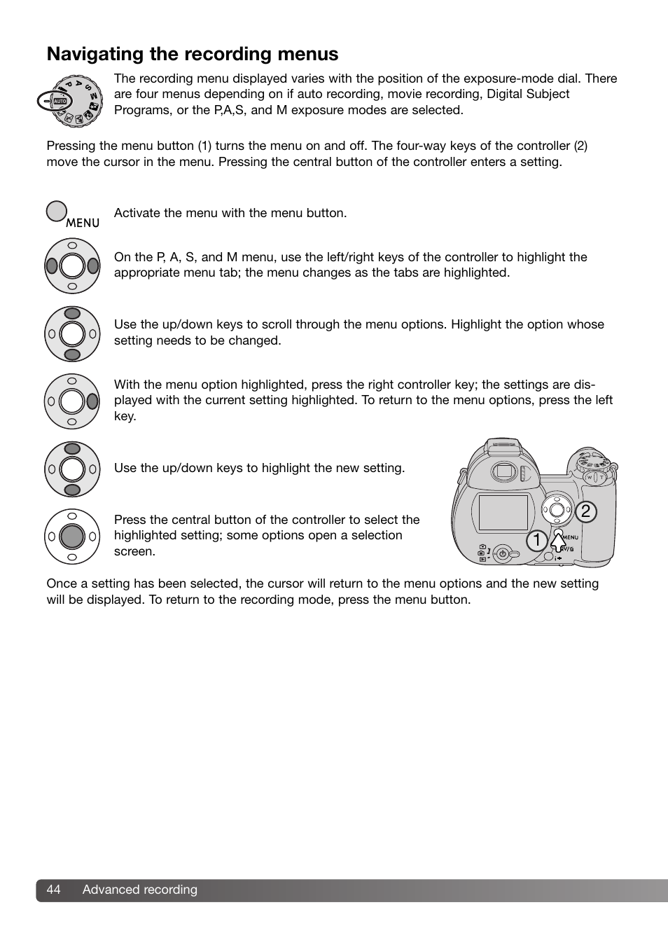 Navigating the recording menus | Konica Minolta DiMAGE Z3 User Manual | Page 44 / 124