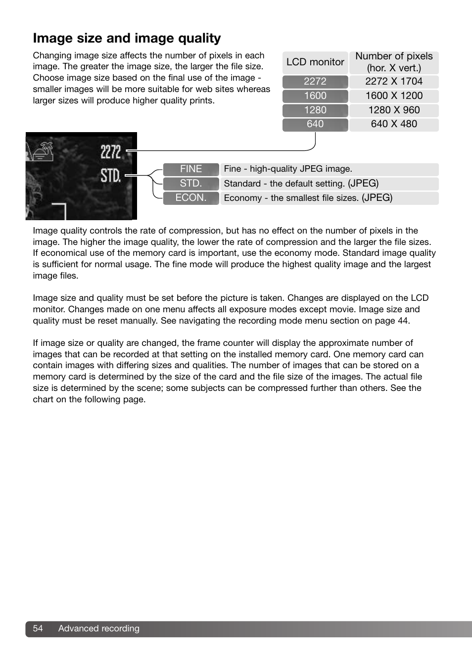 Image size and image quality | Konica Minolta DiMAGE Z3 User Manual | Page 54 / 124