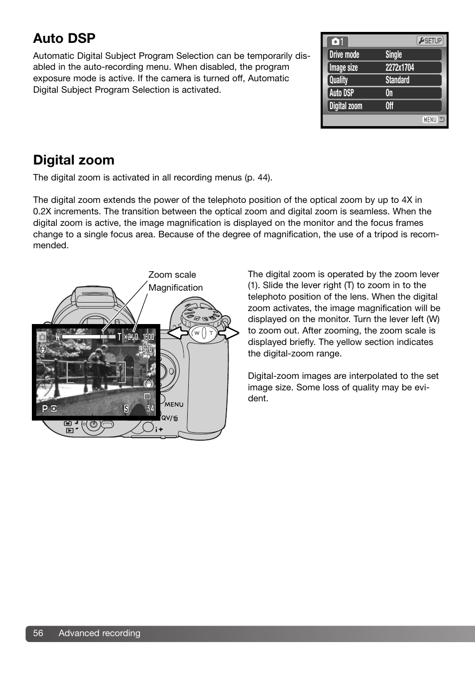 Auto dsp digital zoom, Auto dsp, Digital zoom | Konica Minolta DiMAGE Z3 User Manual | Page 56 / 124