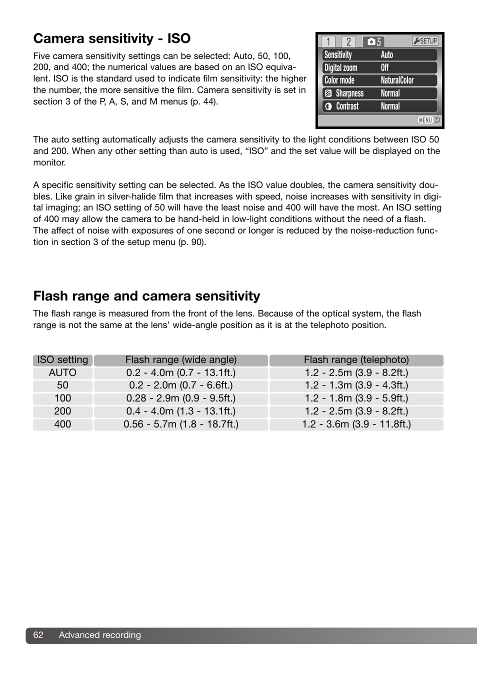 Camera sensitivity - iso, Flash range and camera sensitivity | Konica Minolta DiMAGE Z3 User Manual | Page 62 / 124