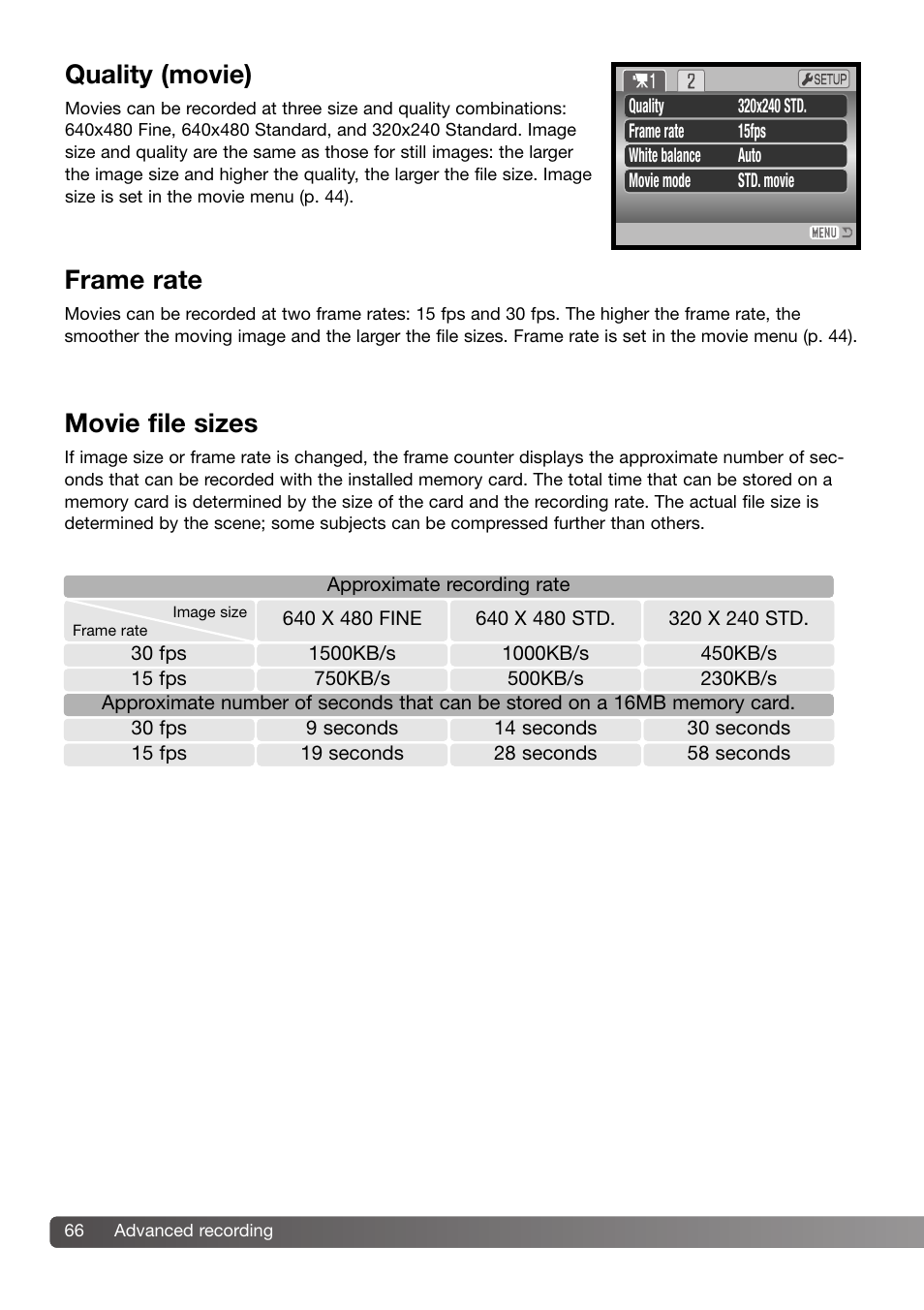 Quality (movie) frame rate movie file sizes, Quality (movie), Frame rate | Movie file sizes | Konica Minolta DiMAGE Z3 User Manual | Page 66 / 124
