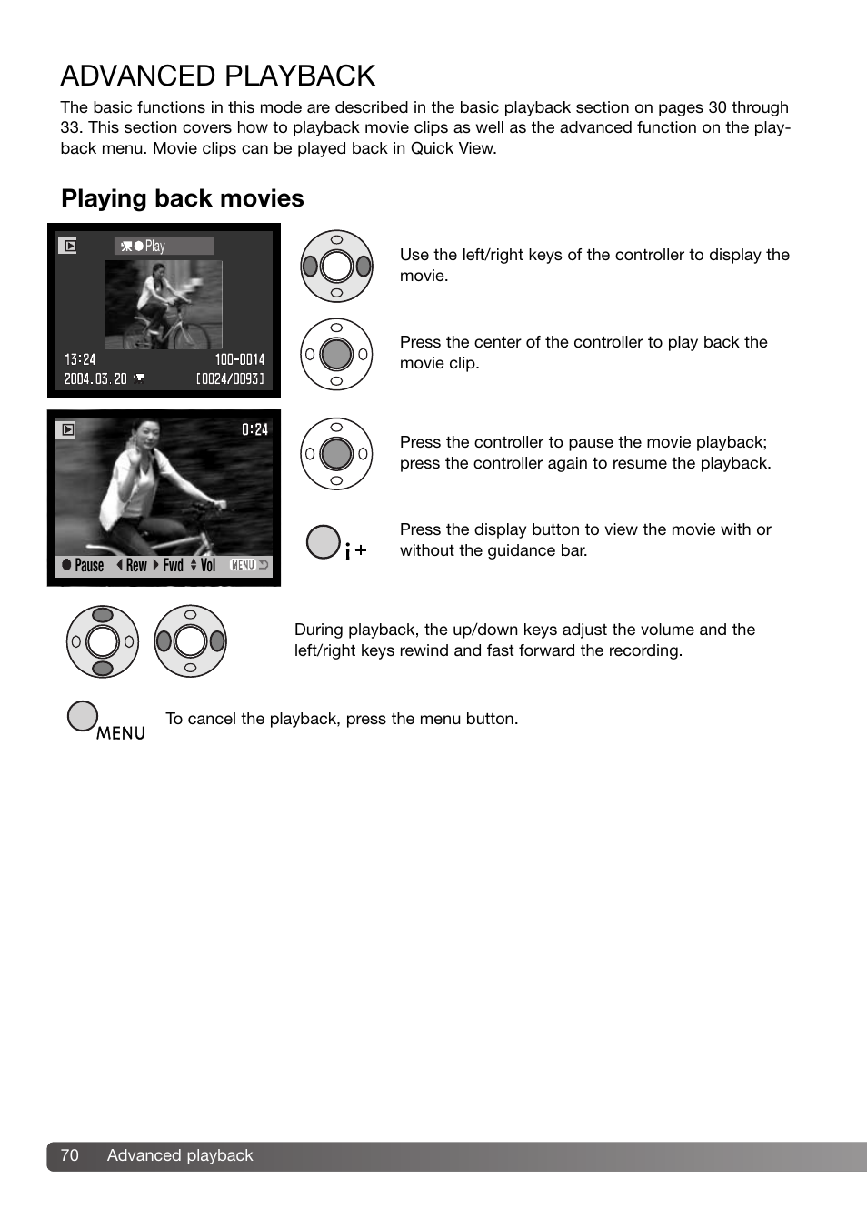 Advanced playback, Playing back movies capturing a movie frame, Playing back movies | Konica Minolta DiMAGE Z3 User Manual | Page 70 / 124