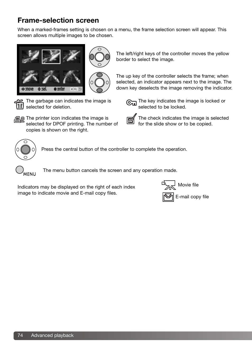 Frame-selection screen | Konica Minolta DiMAGE Z3 User Manual | Page 74 / 124