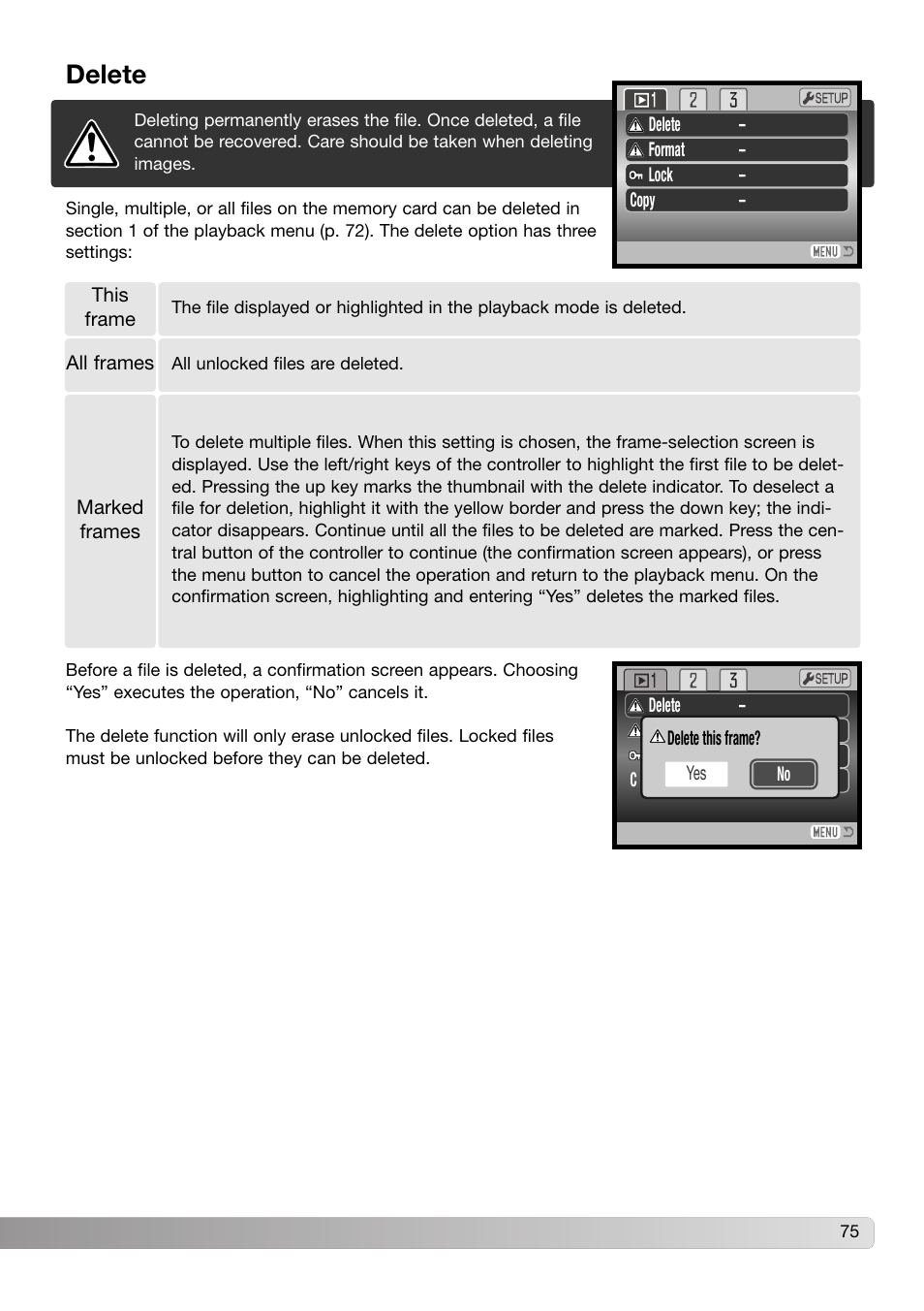 Delete | Konica Minolta DiMAGE Z3 User Manual | Page 75 / 124