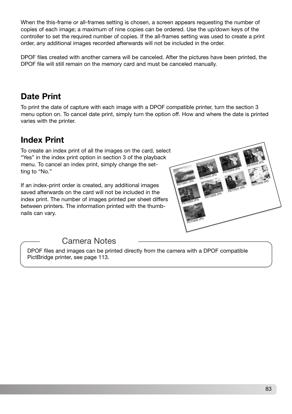 Date print index print, Date print, Index print | Konica Minolta DiMAGE Z3 User Manual | Page 83 / 124