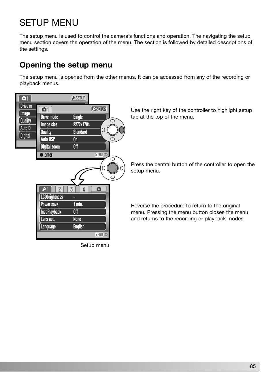 Setup menu, Opening the setup menu | Konica Minolta DiMAGE Z3 User Manual | Page 85 / 124