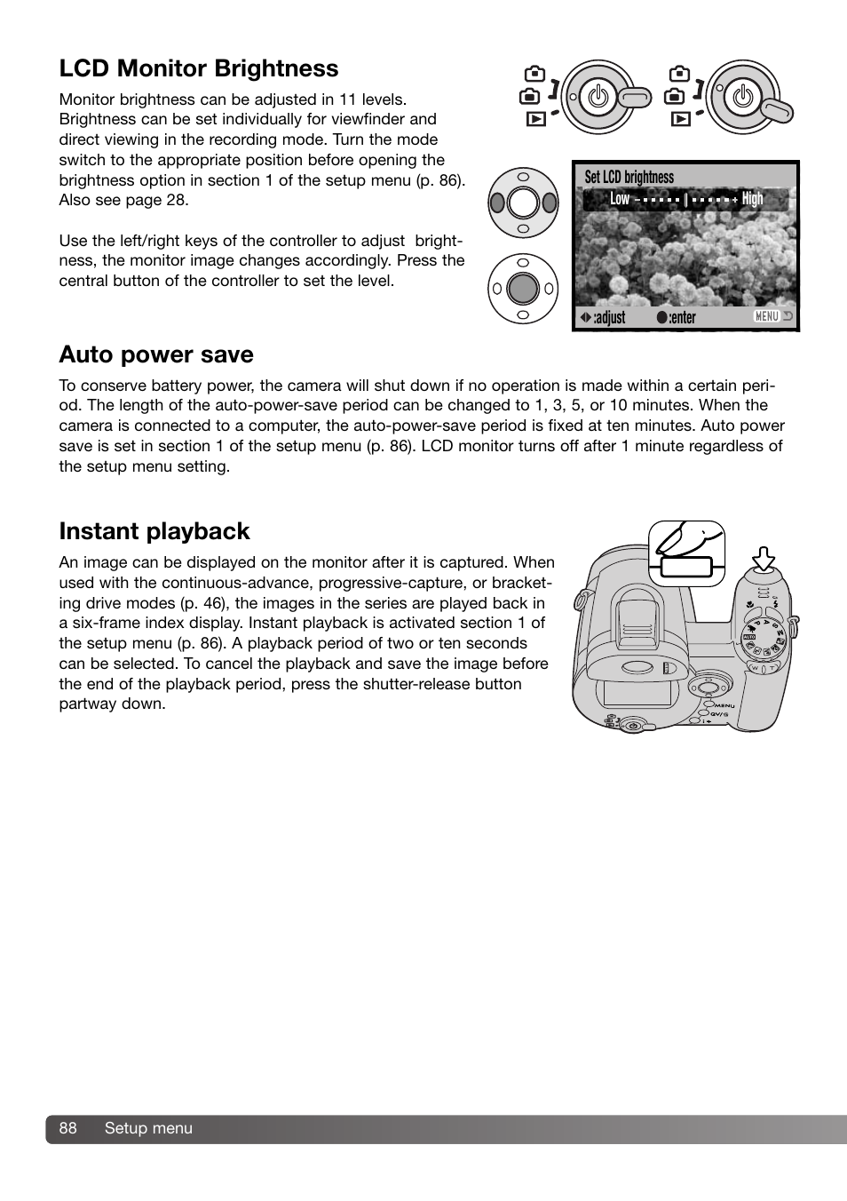 Auto power save, Instant playback, Lcd monitor brightness | Konica Minolta DiMAGE Z3 User Manual | Page 88 / 124