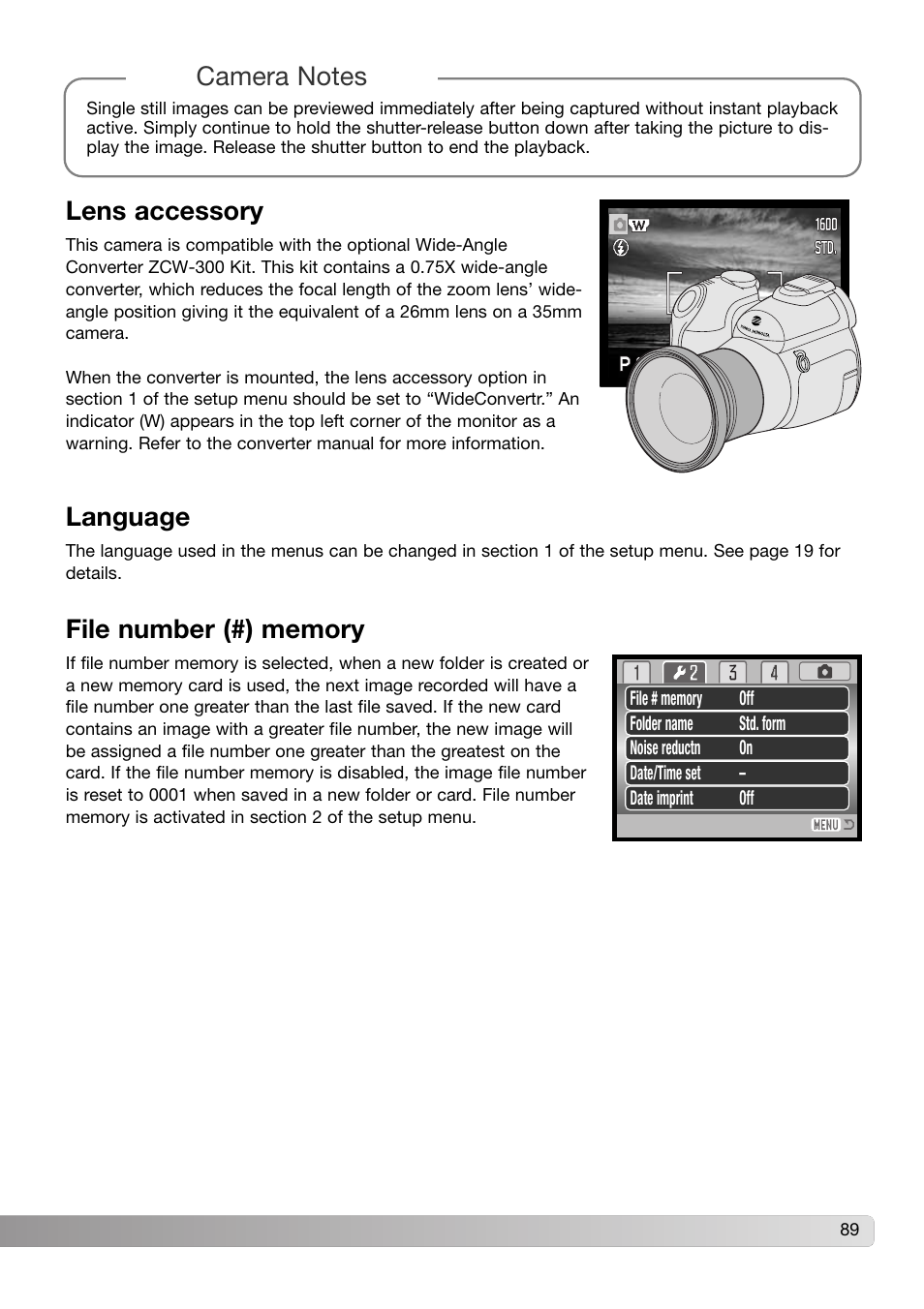 Lens accessory language file number (#) memory, Lens accessory | Konica Minolta DiMAGE Z3 User Manual | Page 89 / 124