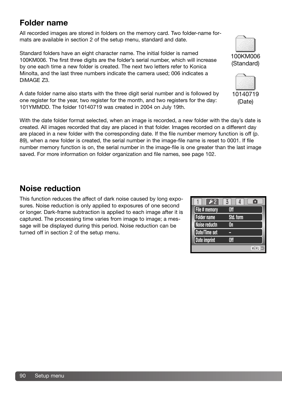 Folder name noise reduction, Folder name, Noise reduction | Konica Minolta DiMAGE Z3 User Manual | Page 90 / 124