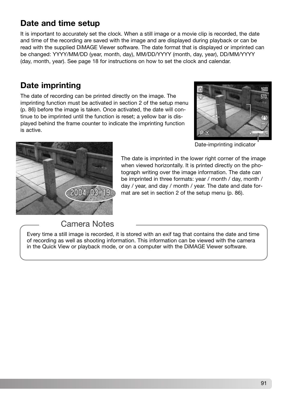 Date and time setup date imprinting, Date imprinting, Date and time setup | Konica Minolta DiMAGE Z3 User Manual | Page 91 / 124